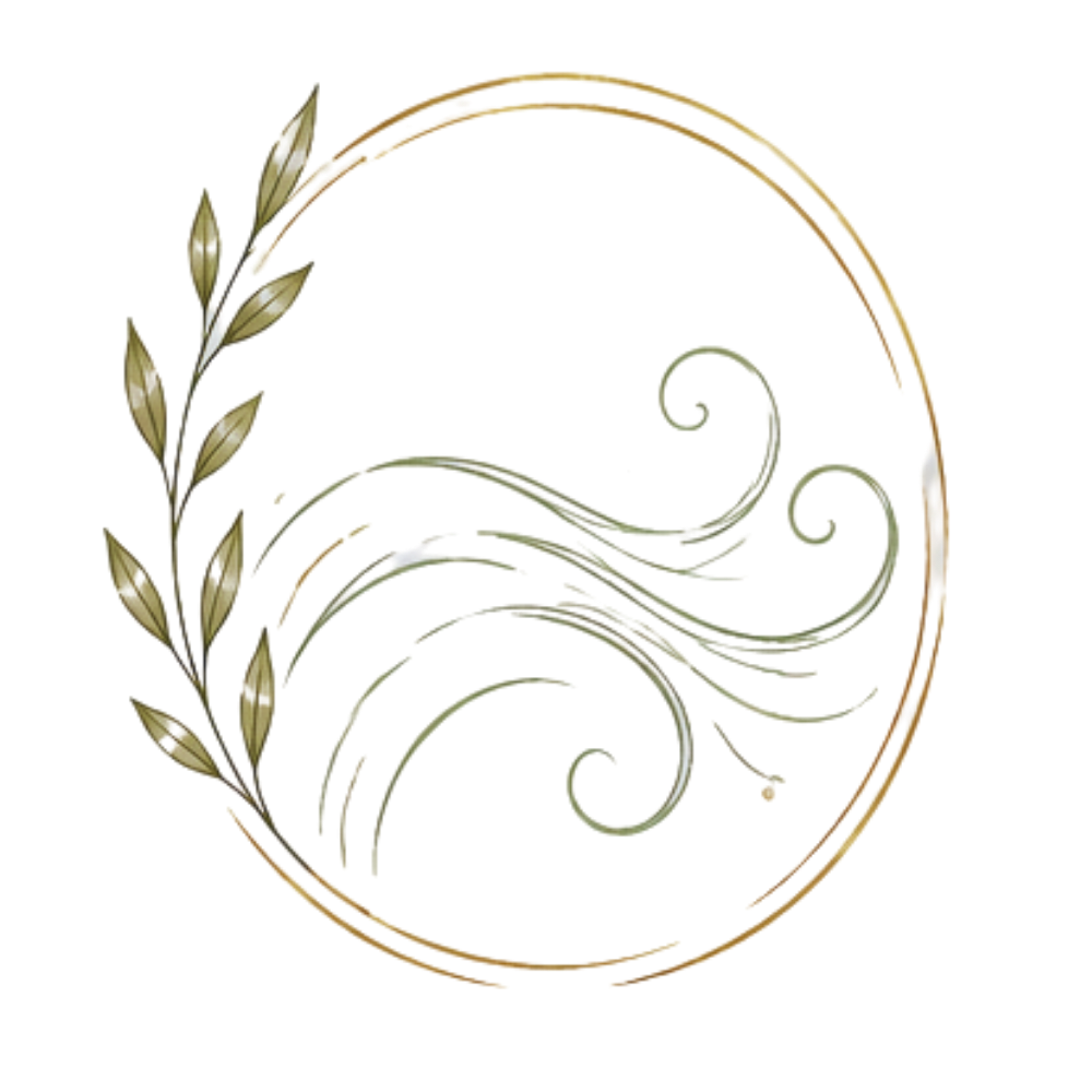 Decorative circular emblem with a gold and green leafy branch on the left and swirling lines inside the circle.