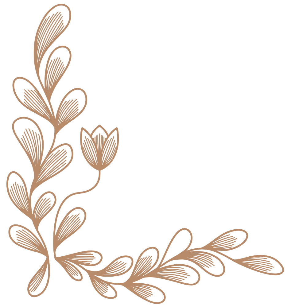 Decorative brown floral corner design with leaves and a flower on a black background.