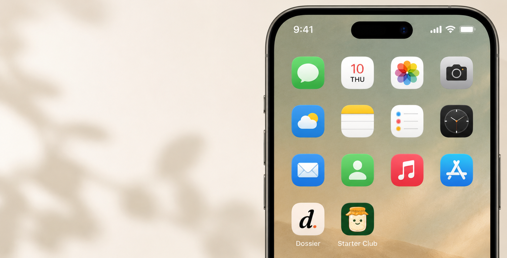 iPhone home screen displaying various app icons with a blurred beige background.