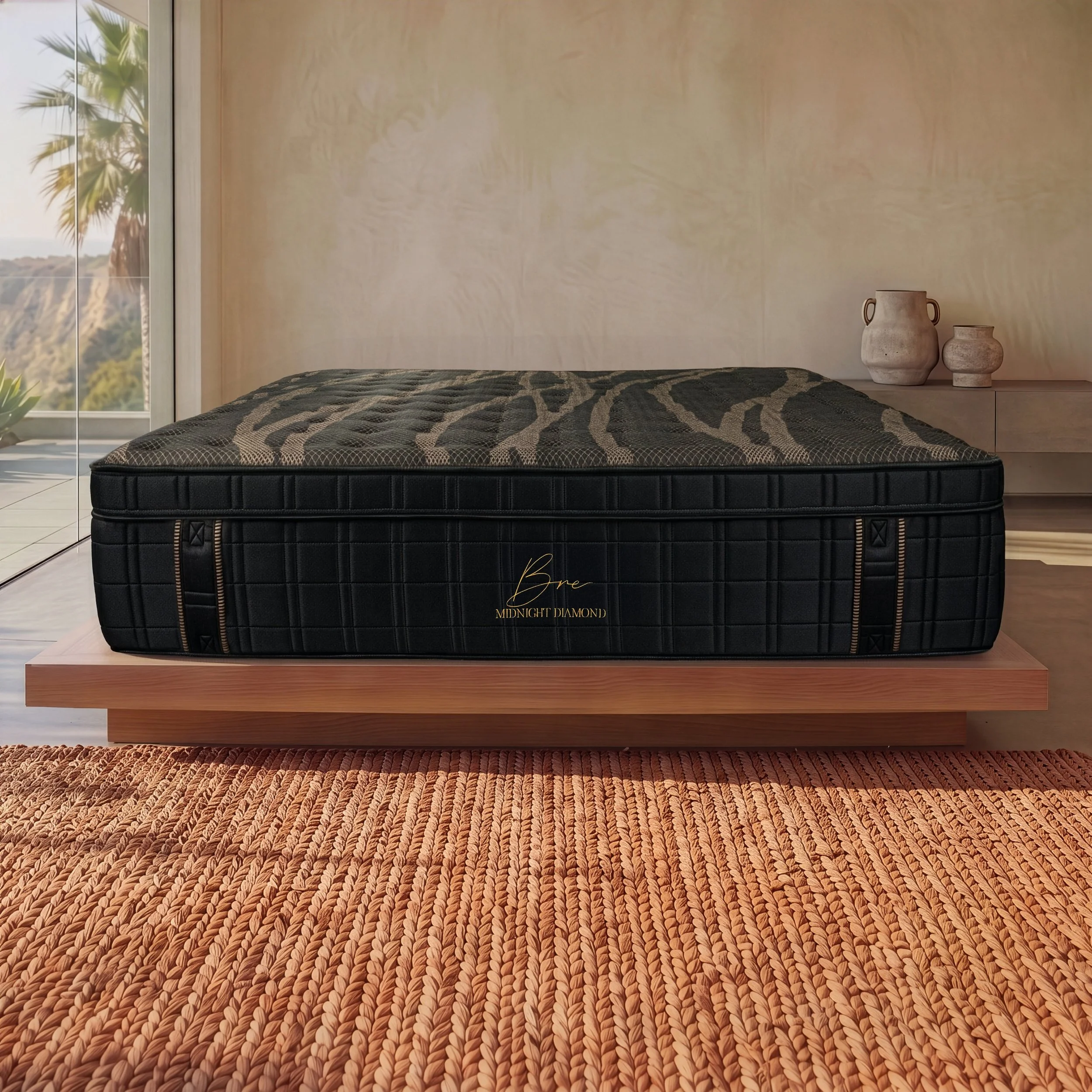 Midnight Diamond 16-inch Euro Top luxury mattress with a black patterned top fabric, quilted grid side panels, gold logo, and reinforced corner handles.