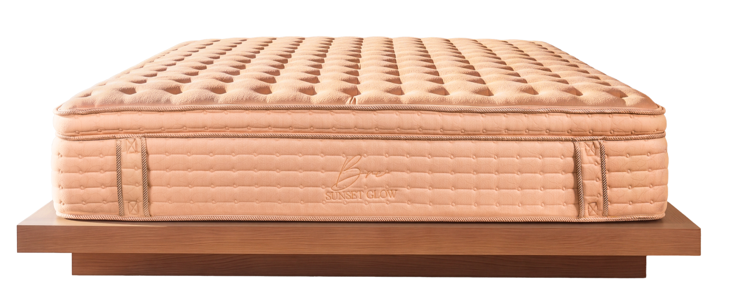 Sunset Glow 14-inch Euro top luxury mattress with a rose gold tufted top fabric, quilted side panels, gold logo, and reinforced corner handles.