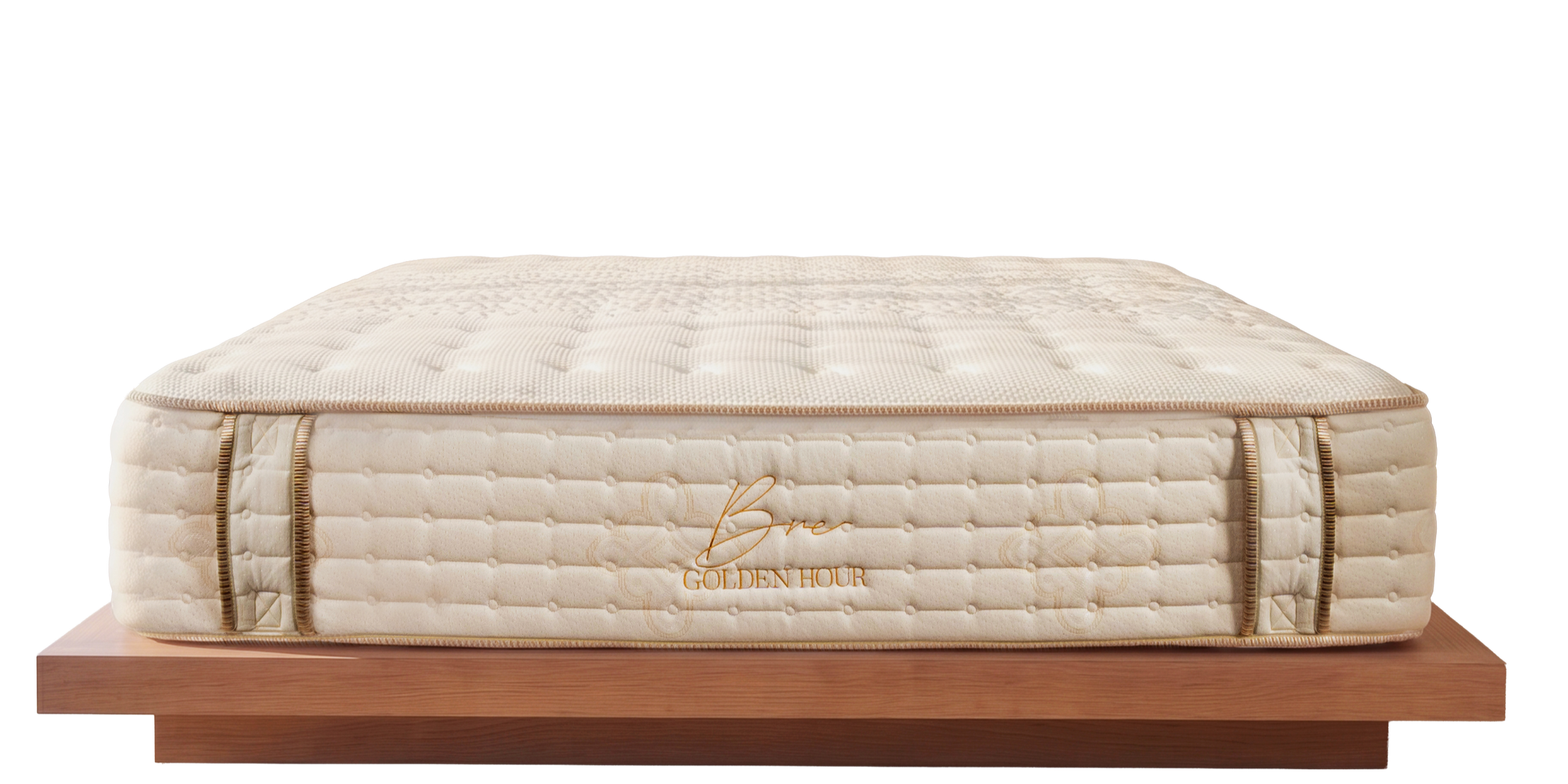 Golden Hour luxury 12-inch tight top mattress with a cream quilted top, cushioned side panels, gold logo, and reinforced corner handles.
