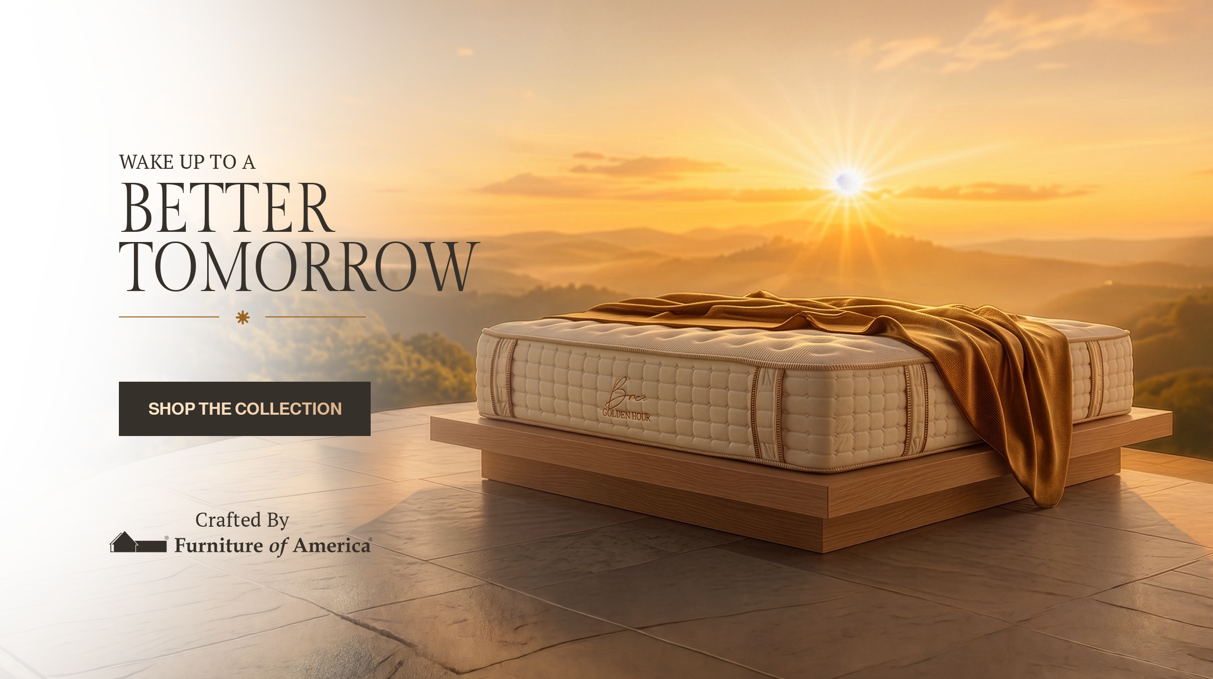 Golden Hour mattress on a balcony overlooking mountains at sunrise. 