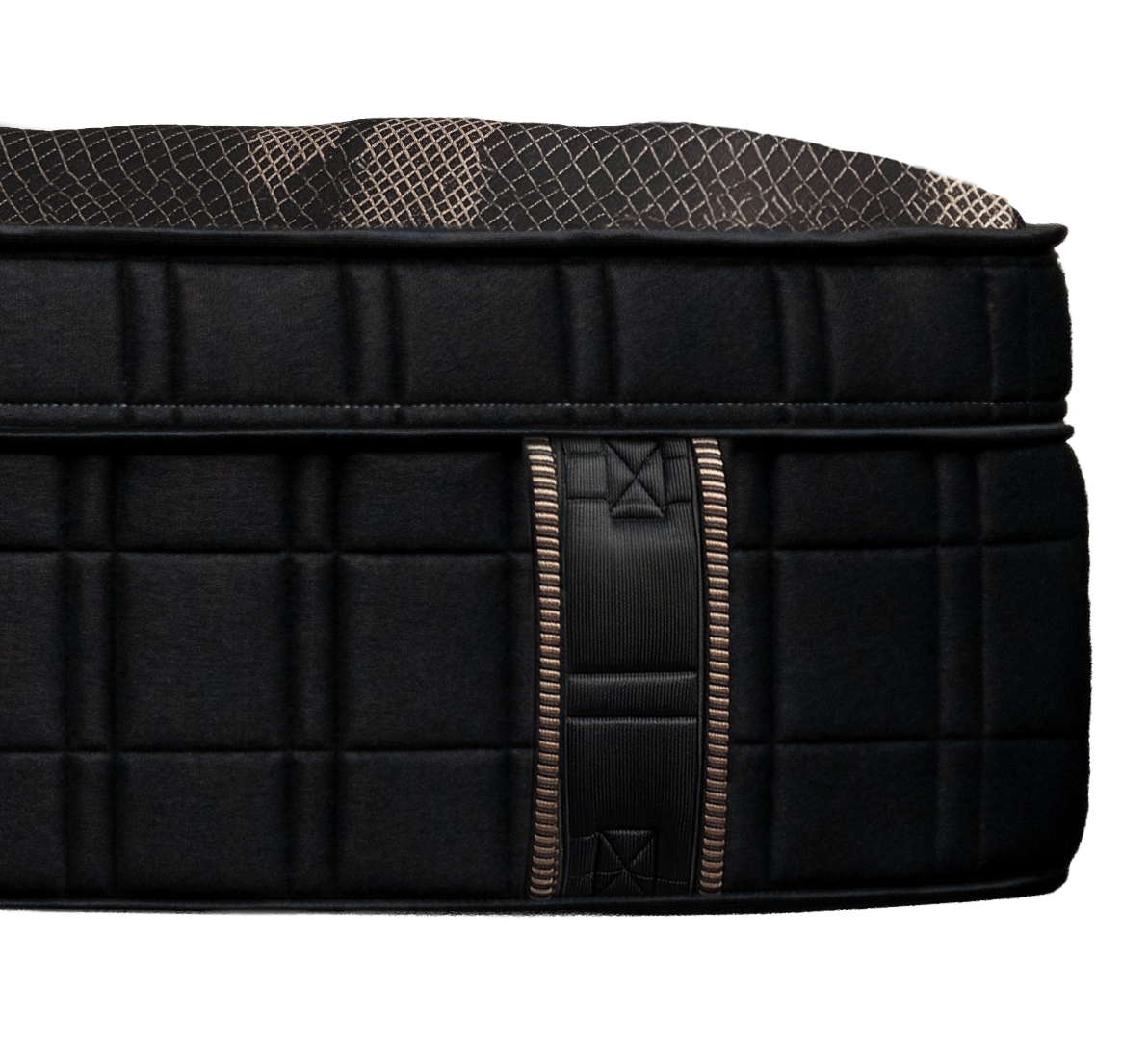 Side profile of the 16-inch Midnight Diamond luxury mattress, featuring a thick black Euro top, quilted side panels, and a gold-trimmed handle.