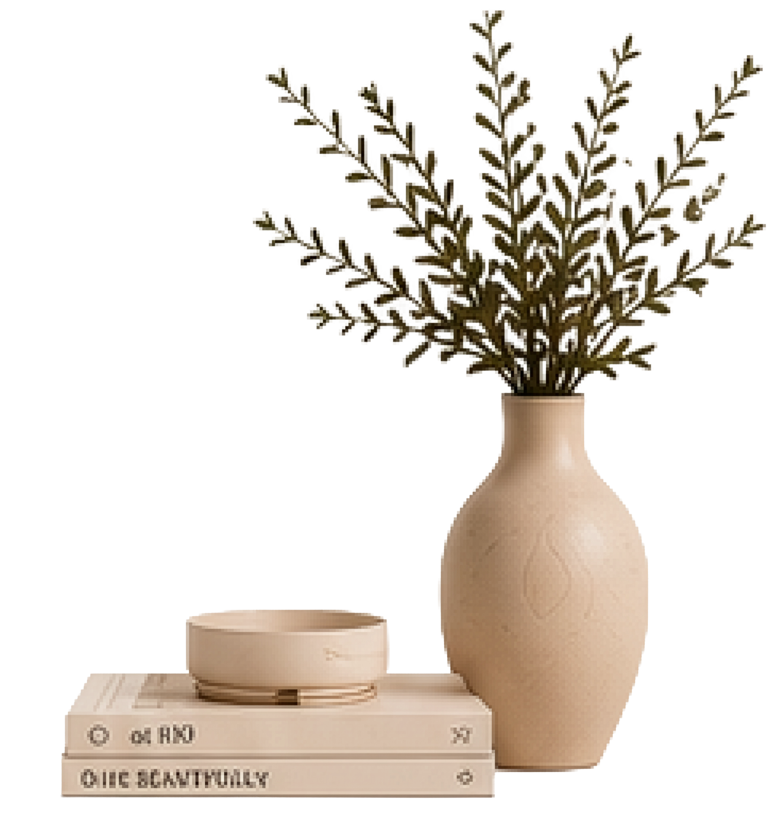 A digital illustration features a wooden pedestal with a plant-like structure made of interconnected small rectangles, displayed inside a digital interface resembling a drawing or editing tool.