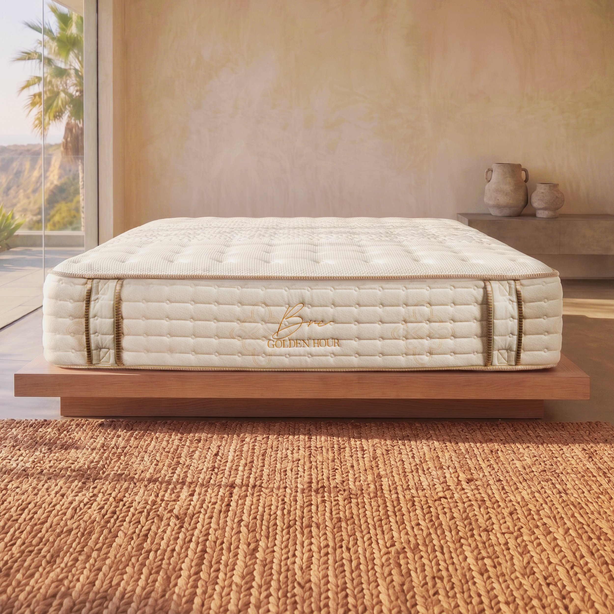 Golden Hour luxury 12-inch tight top mattress with a cream quilted top, cushioned side panels, gold logo, and reinforced corner handles.