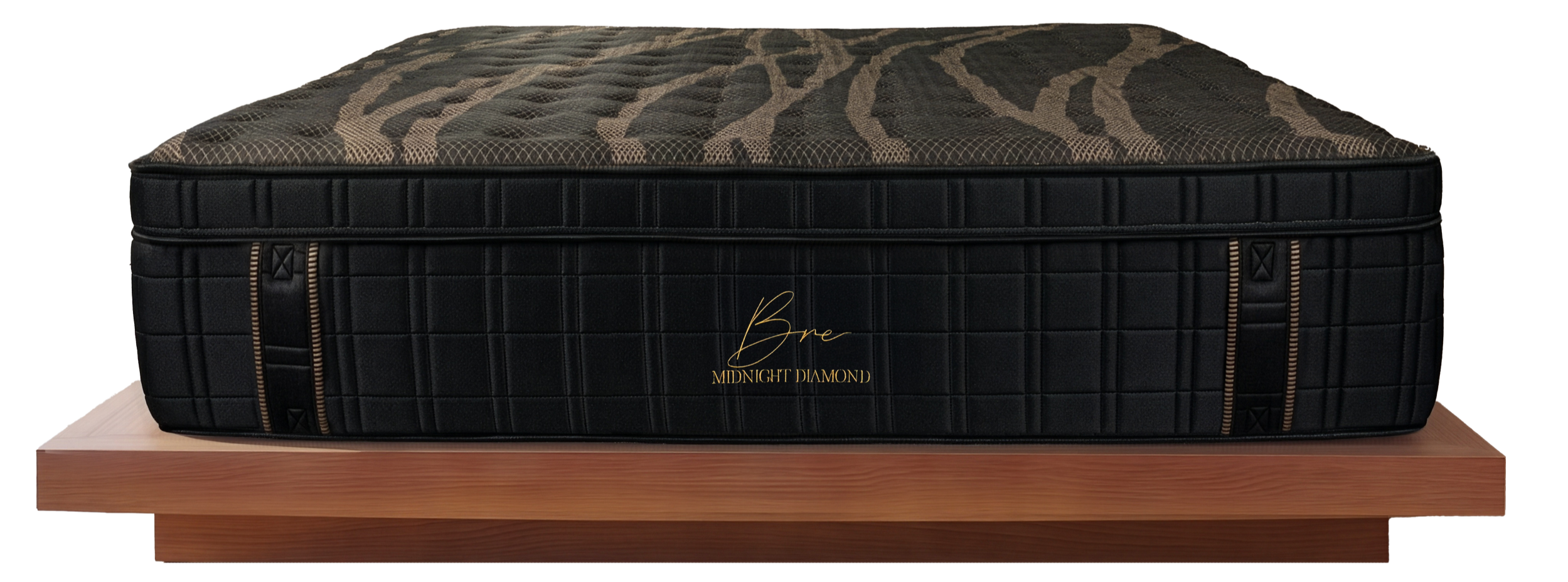 Midnight Diamond 16-inch Euro Top luxury mattress with a black patterned top fabric, quilted grid side panels, gold logo, and reinforced corner handles.
