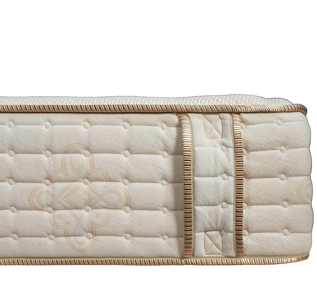 Side profile of the 12-inch Golden Hour luxury mattress, featuring cream quilted upholstery, tufted side panels, and a reinforced handle.