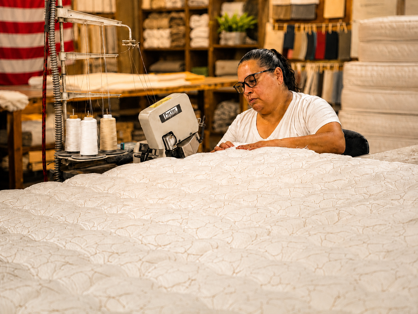 Mattress craftsperson sewing a quilted white mattress panel with an industrial machine inside a California manufacturing workshop.