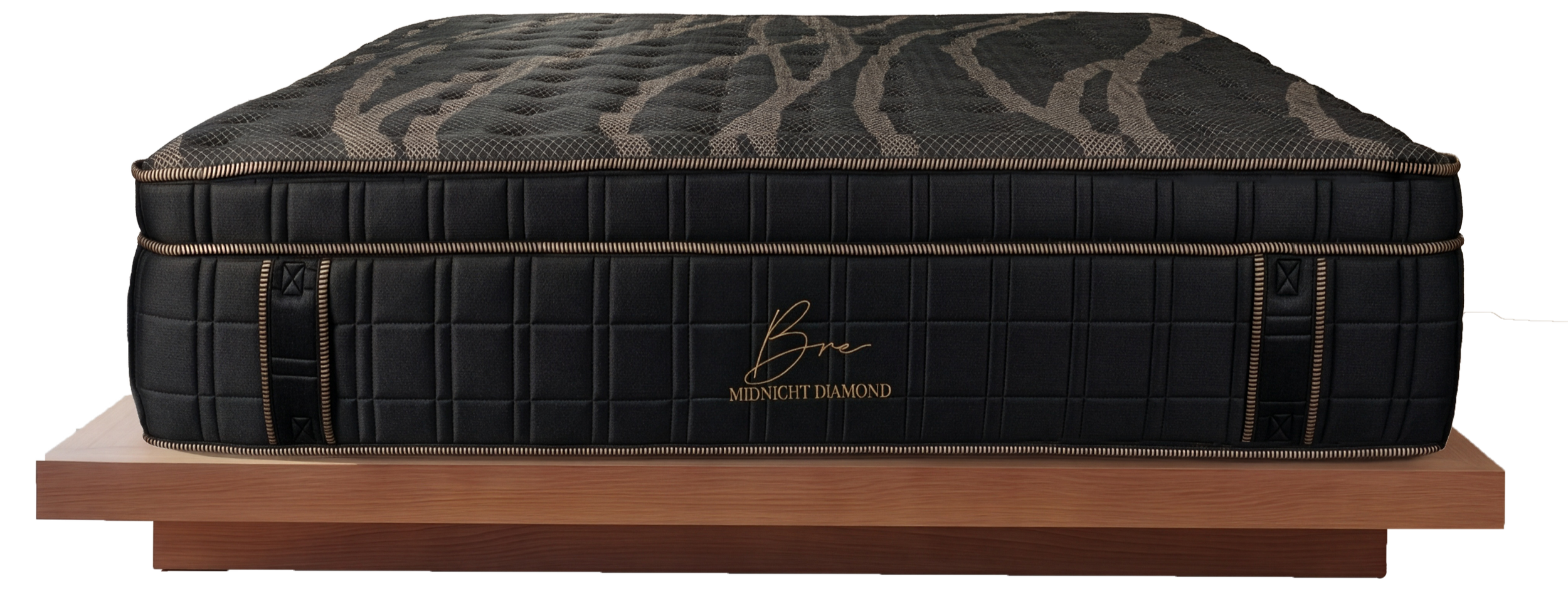 View of a luxury black mattress with quilted design and gold accents, labeled 'Bre Midnight Diamond,' placed on a wooden platform.