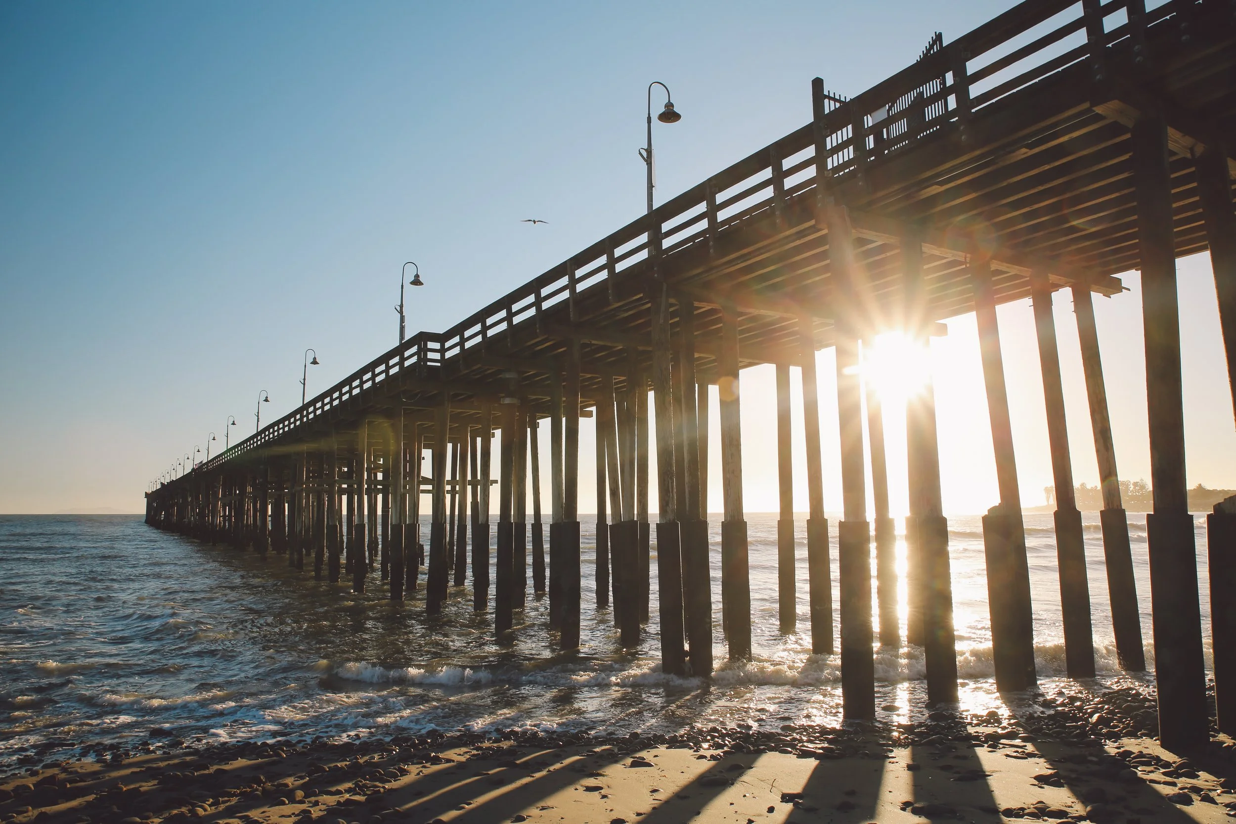 Sunset view of a fishing pier extending into the ocean, with wooden pilings and street lamps, and a bird flying above, casting long shadows on the sandy beach below.
