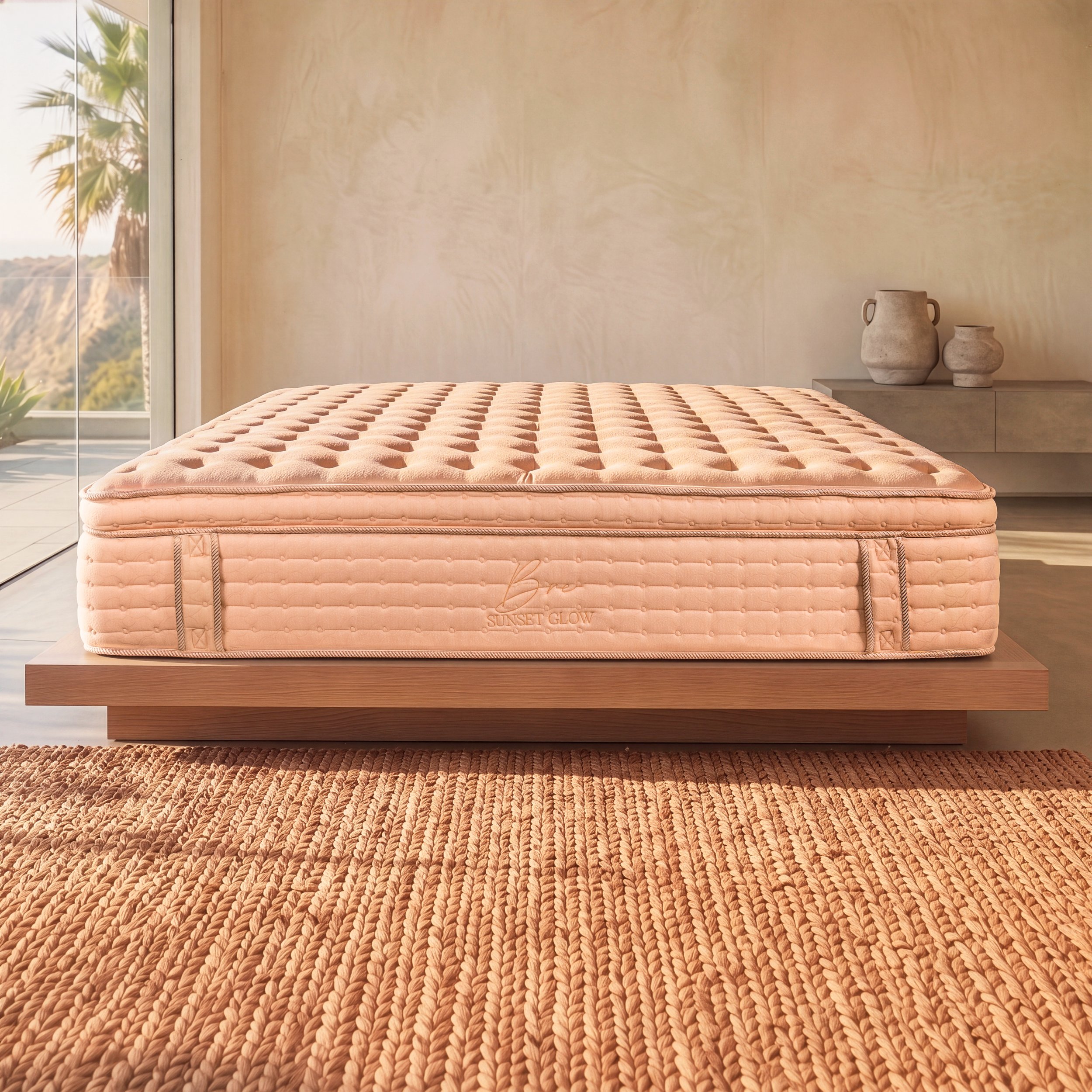 Sunset Glow 14-inch Euro top luxury mattress with a rose gold tufted top fabric, quilted side panels, gold logo, and reinforced corner handles.