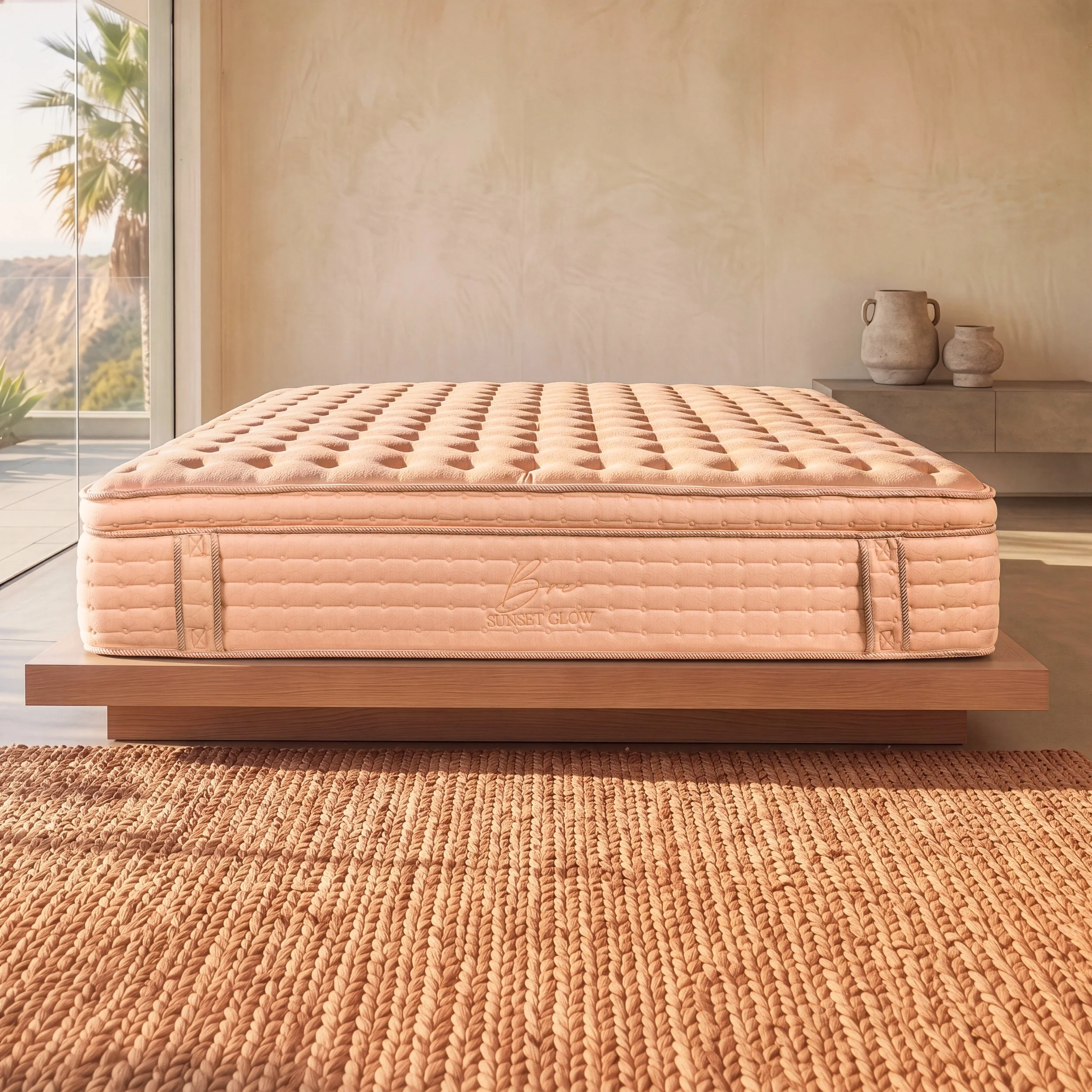 Close-up of a pink mattress with a textured pattern on a wooden bed frame, with two decorative vases on a side table and a large window with a view of palm trees outside, in a minimalist bedroom.