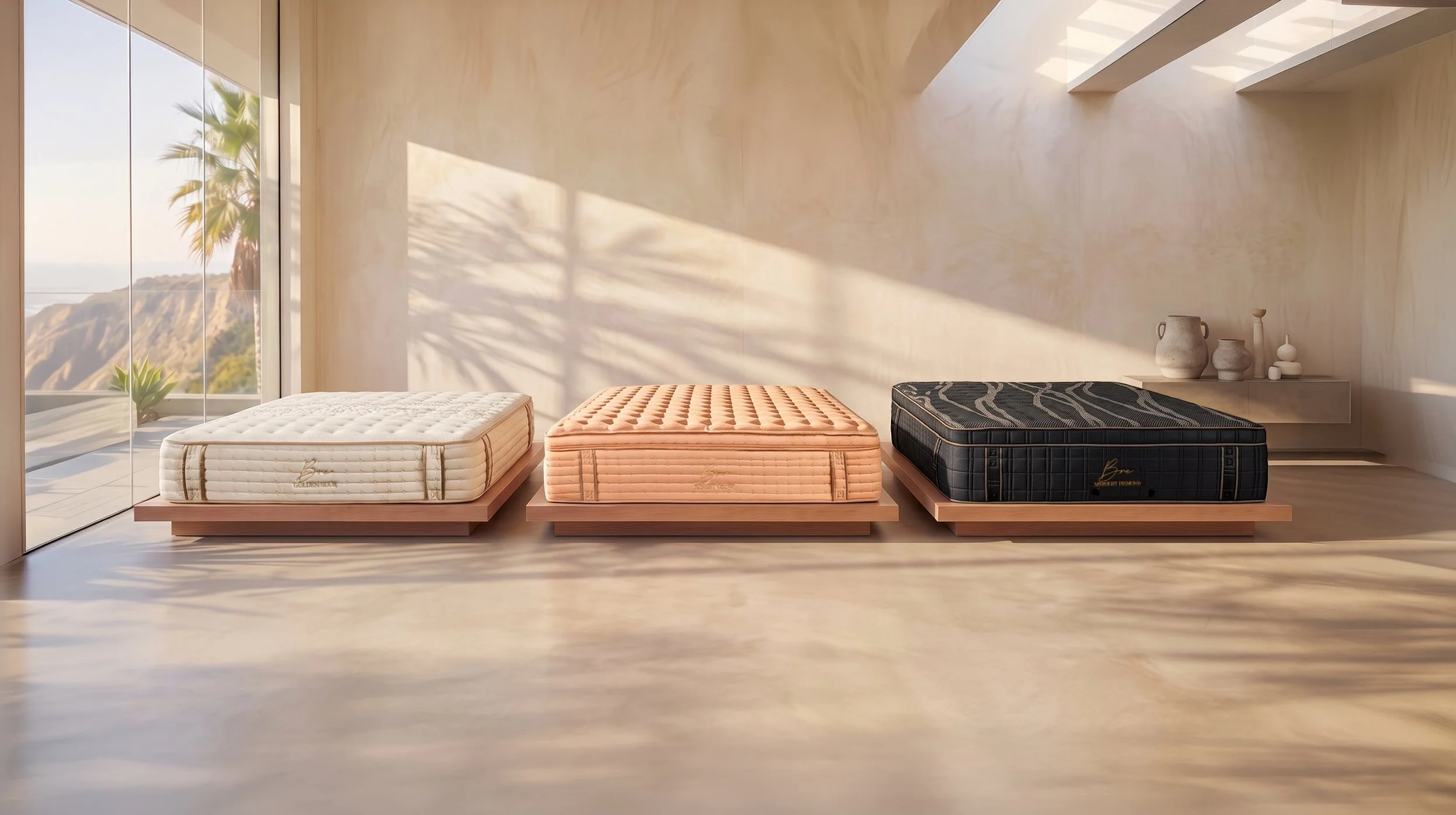 Three mattresses with distinct designs are displayed on wooden platforms in a minimalist room with beige walls and large glass windows revealing a scenic outdoor landscape. The left mattress is white with a quilted pattern, the middle is pink with a quilted pattern, and the right is black with a textured pattern. Decor items include vases and a candlestick on a floating shelf, with sunlight casting shadows on the wall.