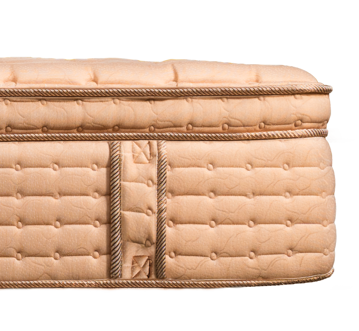Close-up of a beige upholstered mattress with decorative piping and tufted design.
