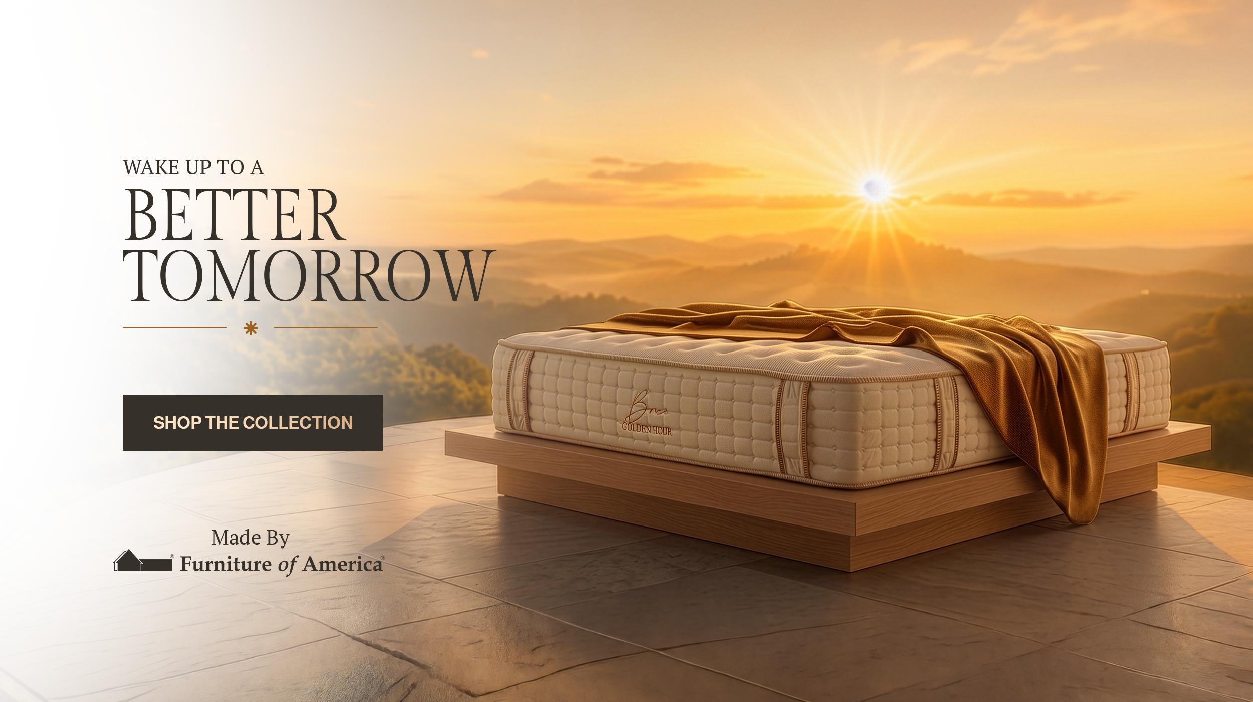 A mattress on a wooden platform with a brown blanket, set on a balcony with a scenic mountain view during sunrise or sunset.