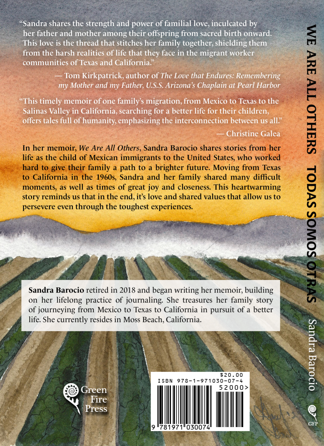Back cover of a book featuring a watercolor illustration of farm fields with mountains in the background, a gradient sky from yellow to blue, and text about the memoir 'We Are All Others' by Sandra Barocio, including quotes and a brief author biograp