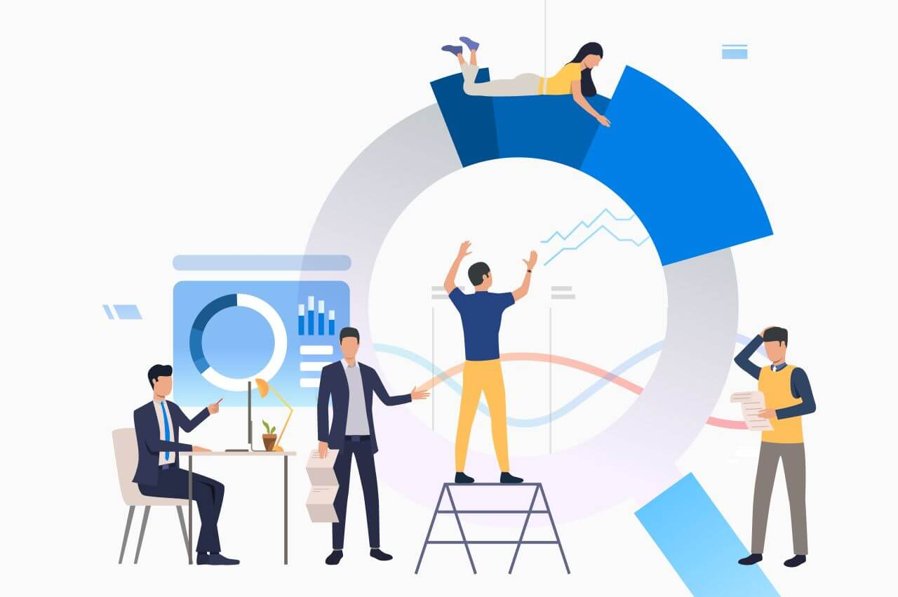 Illustration of five people working together with data analysis and presentation tools, including charts and graphs, in a professional setting.