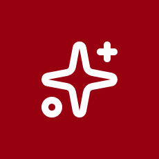 Sparkling star icon with a plus sign on a red background.