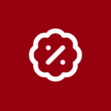 White percentage symbol inside a white floral-shaped outline on a red background.