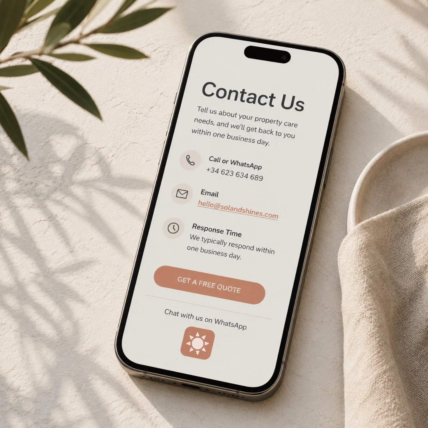Mobile view of the Sol & Shines contact page with contact information and a free quote request.