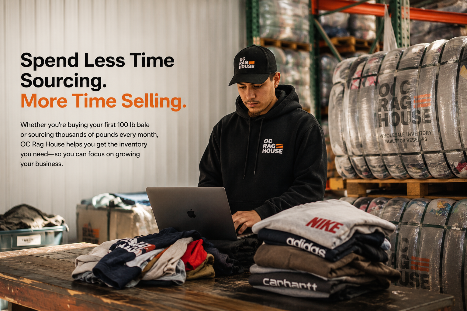 A man working on a laptop in a warehouse with stacks of wholesale apparel, with text promoting OC Rag House's sourcing and selling services.