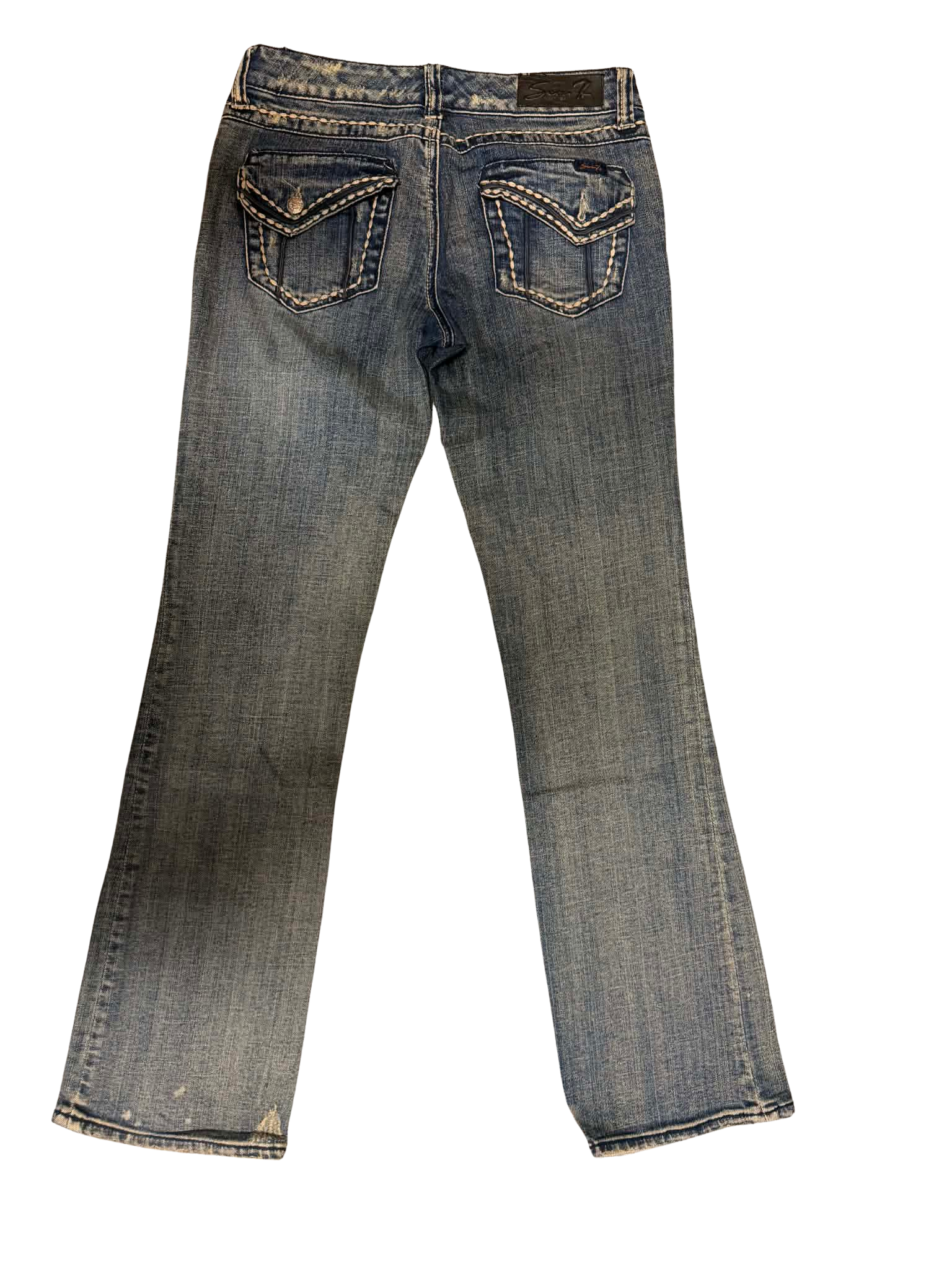 Women's Y2K medium-blue bootcut jeans featuring curved embroidered back-pocket designs, contrast stitching and faded denim, wholesale OC Rag House.