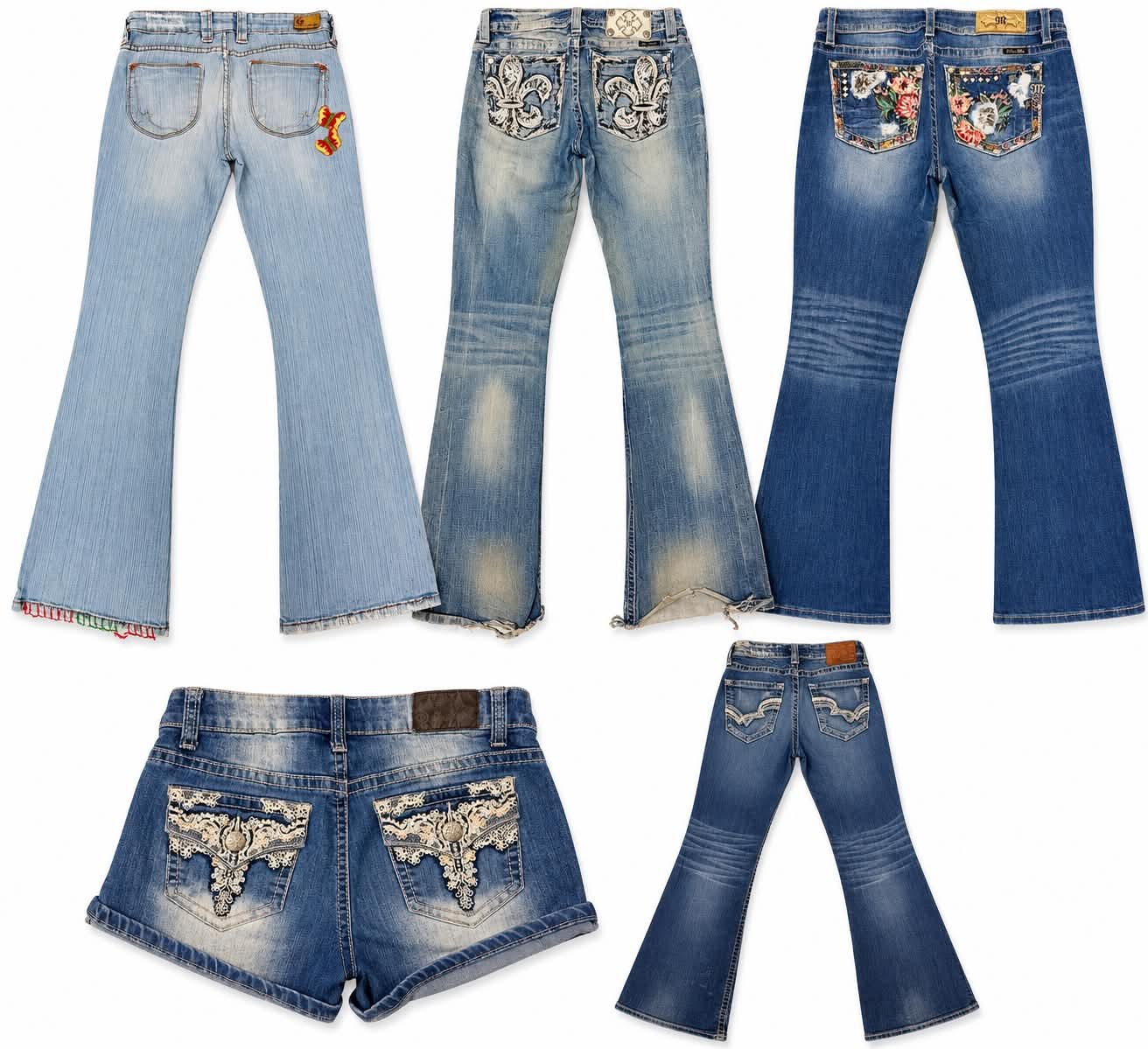 Women's vintage Y2K bootcut jeans in faded blue denim with ornate fleur-de-lis embroidered back pockets and distressed hems, wholesale denim.