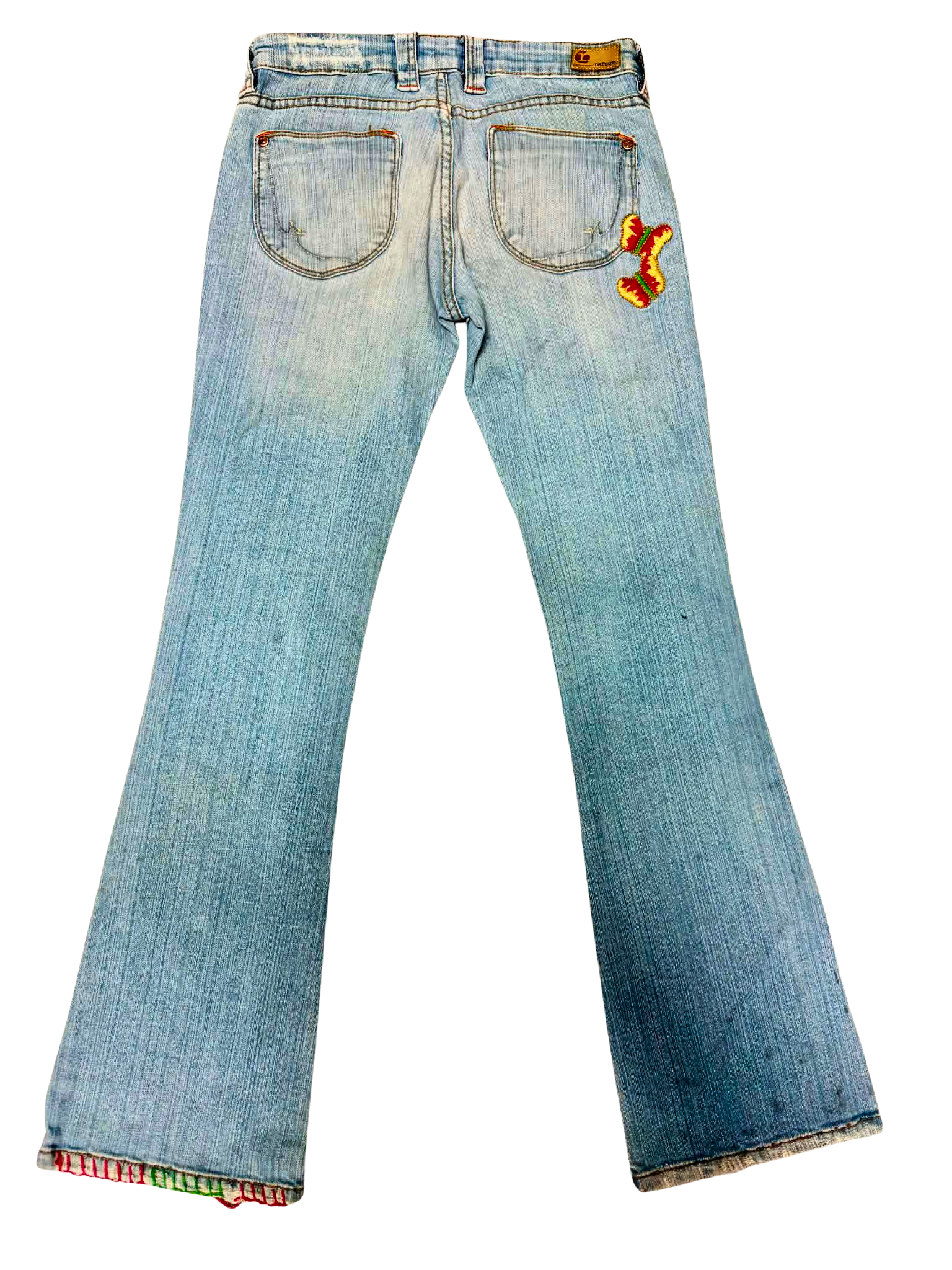 Women's Y2K light-wash flared jeans with colorful butterfly embroidery, contrast stitching and decorative hem details, wholesale early-2000s denim.