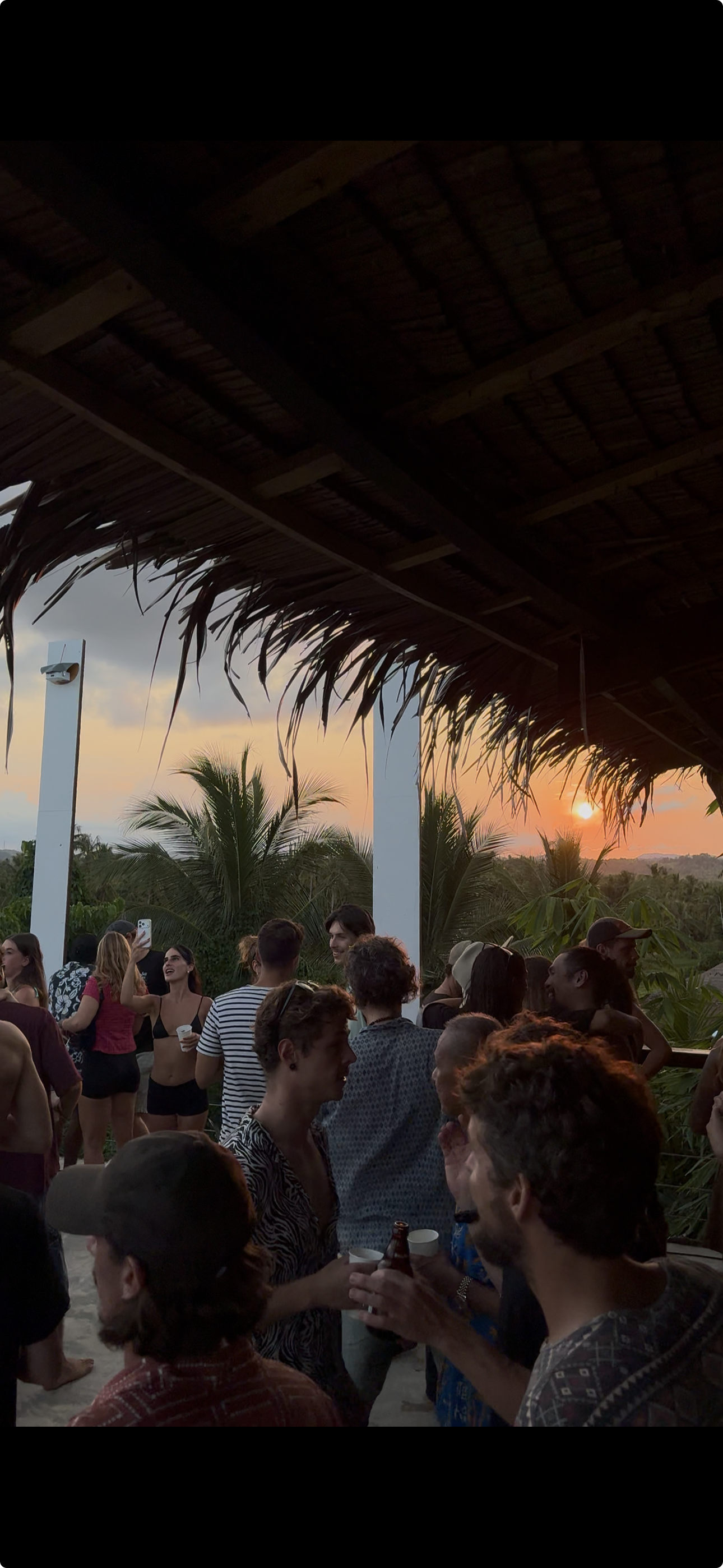 Group of people socializing at an outdoor gathering during sunset, with tropical trees and a thatched roof overhead.