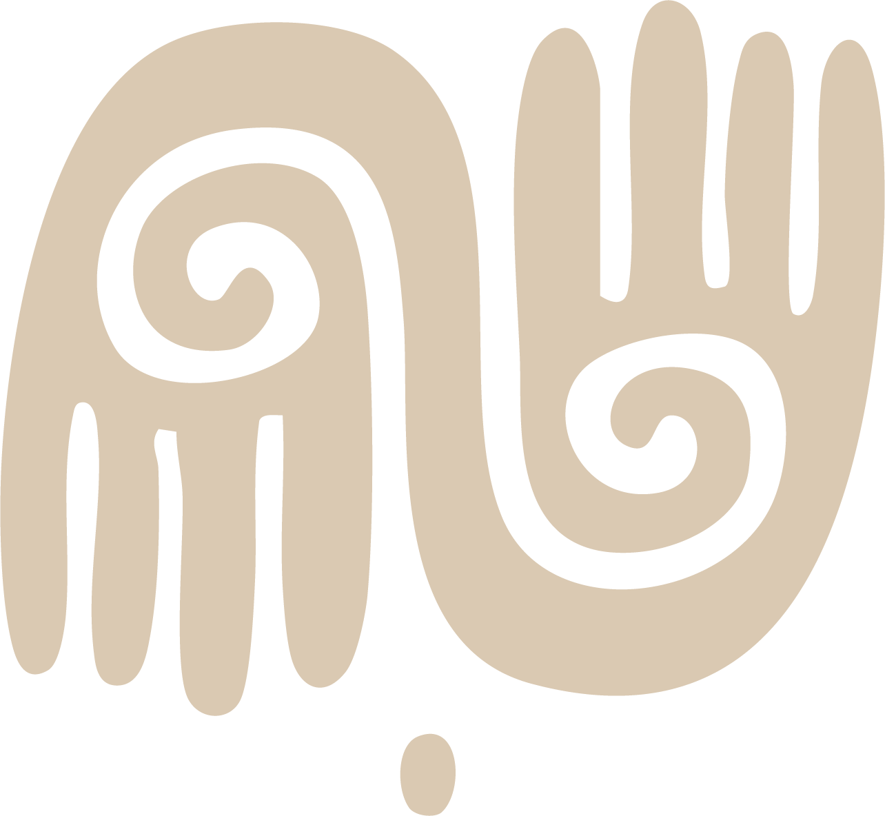 Stylized illustration of a raised hand with swirled palm and four fingers, designed in beige and black colors.