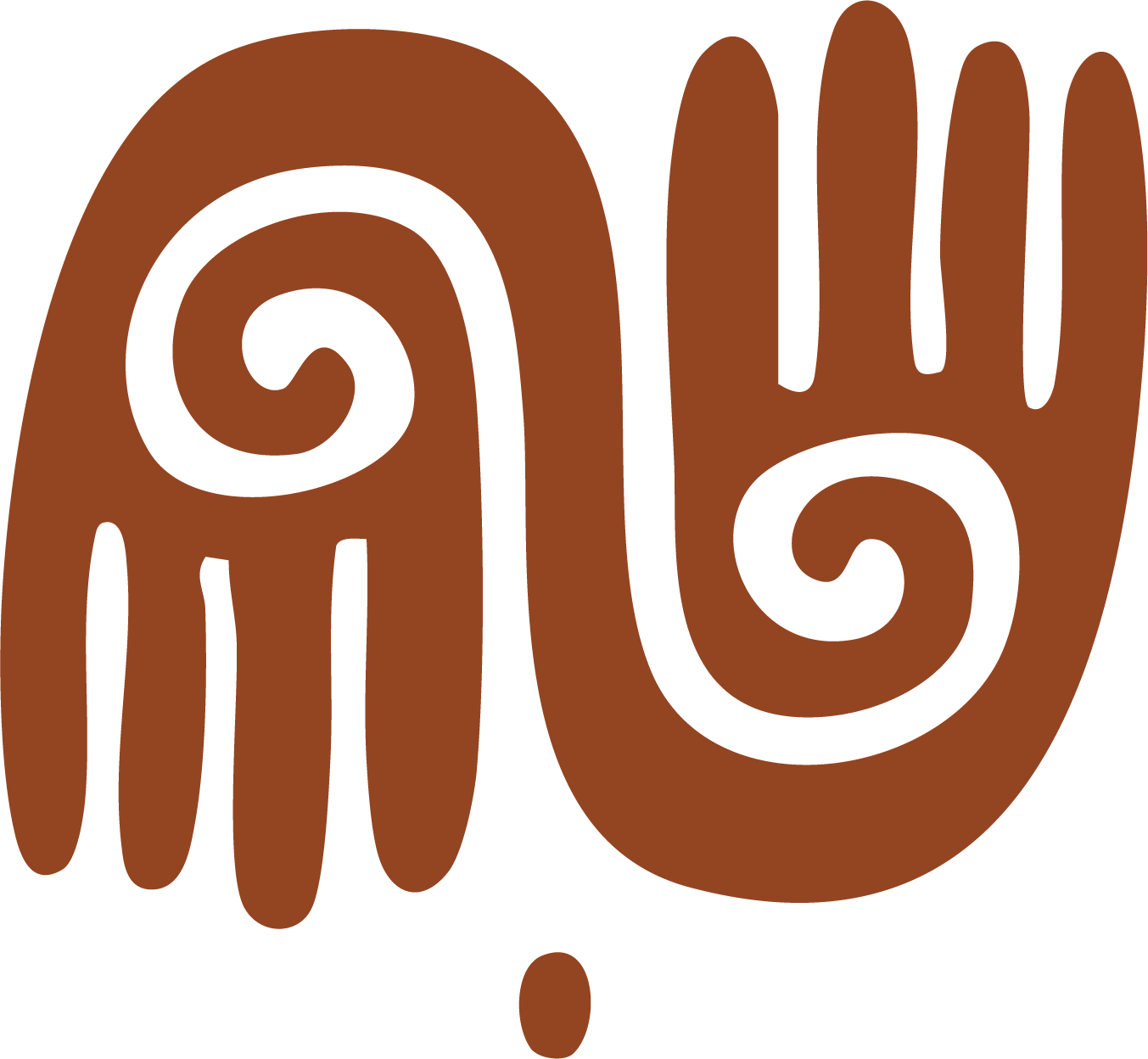 A stylized brown animal paw with black outlines, designed with fish and spiral patterns.