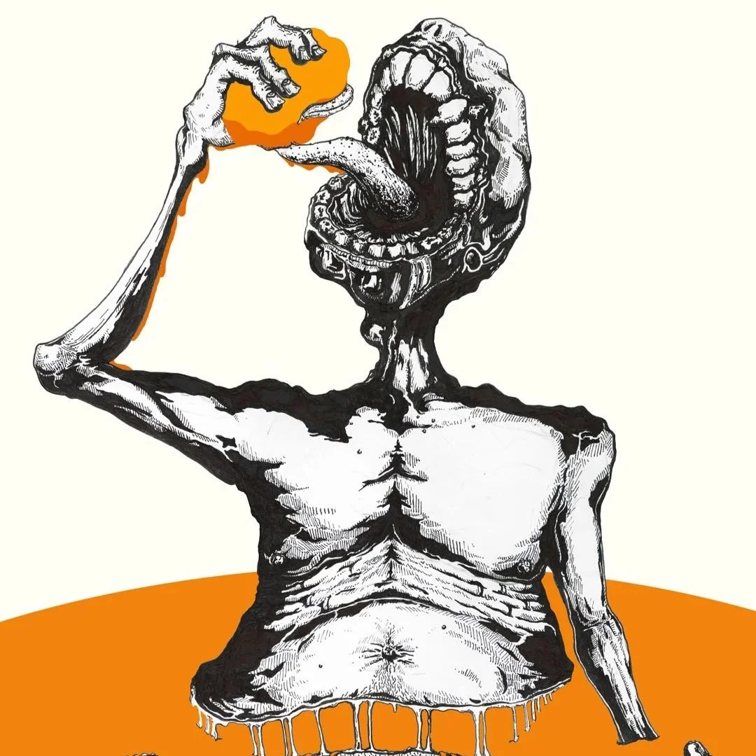 A black and white illustration of a humanoid figure with a muscular torso, holding an orange object near an open mouth with a long tongue. The figure's head is a detailed, abstract skull with exposed teeth and an open mouth. The background includes a