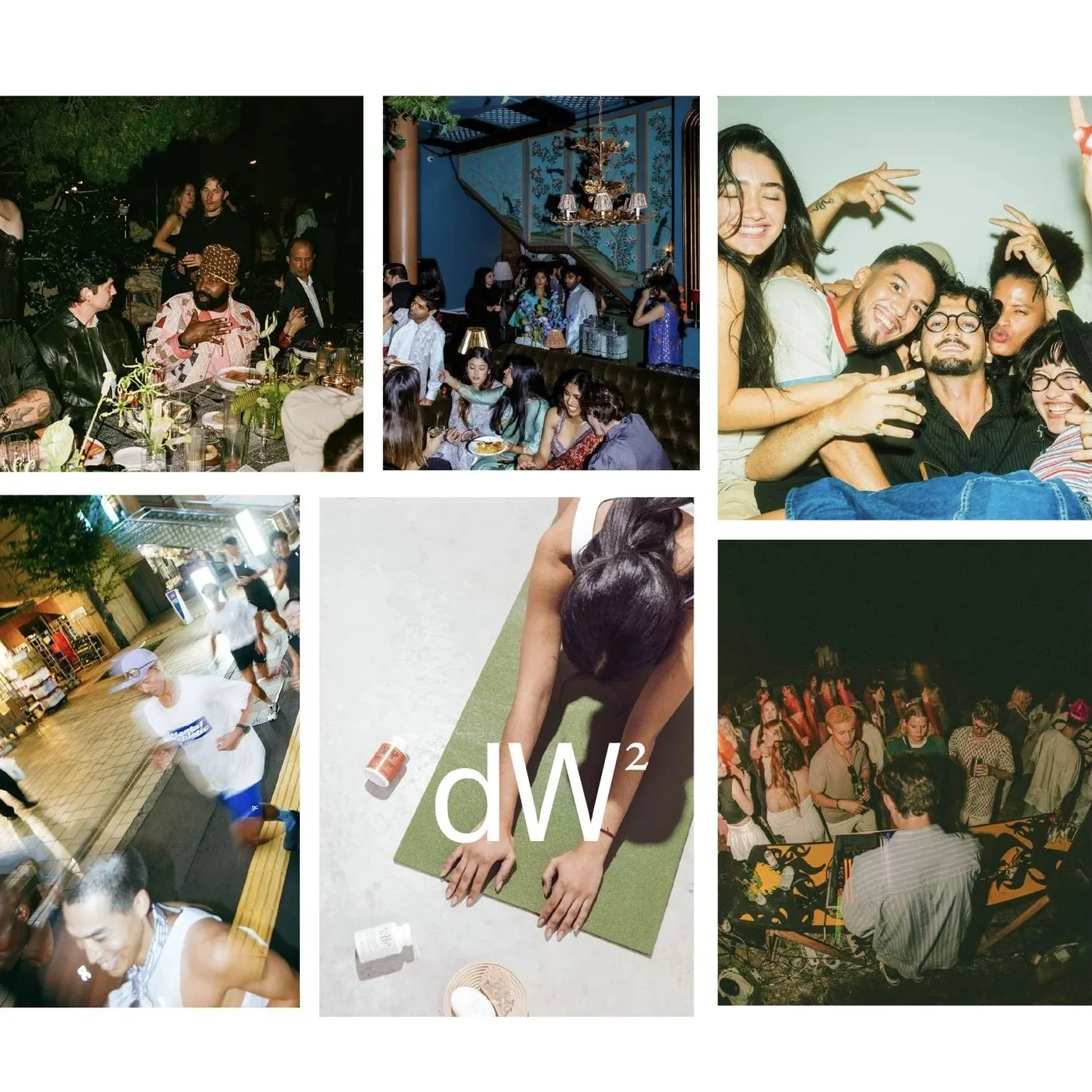 Collage of six photos depicting people at parties, social gatherings, and an event with a DJ and crowd, including close-ups of individuals, groups, and dancing.