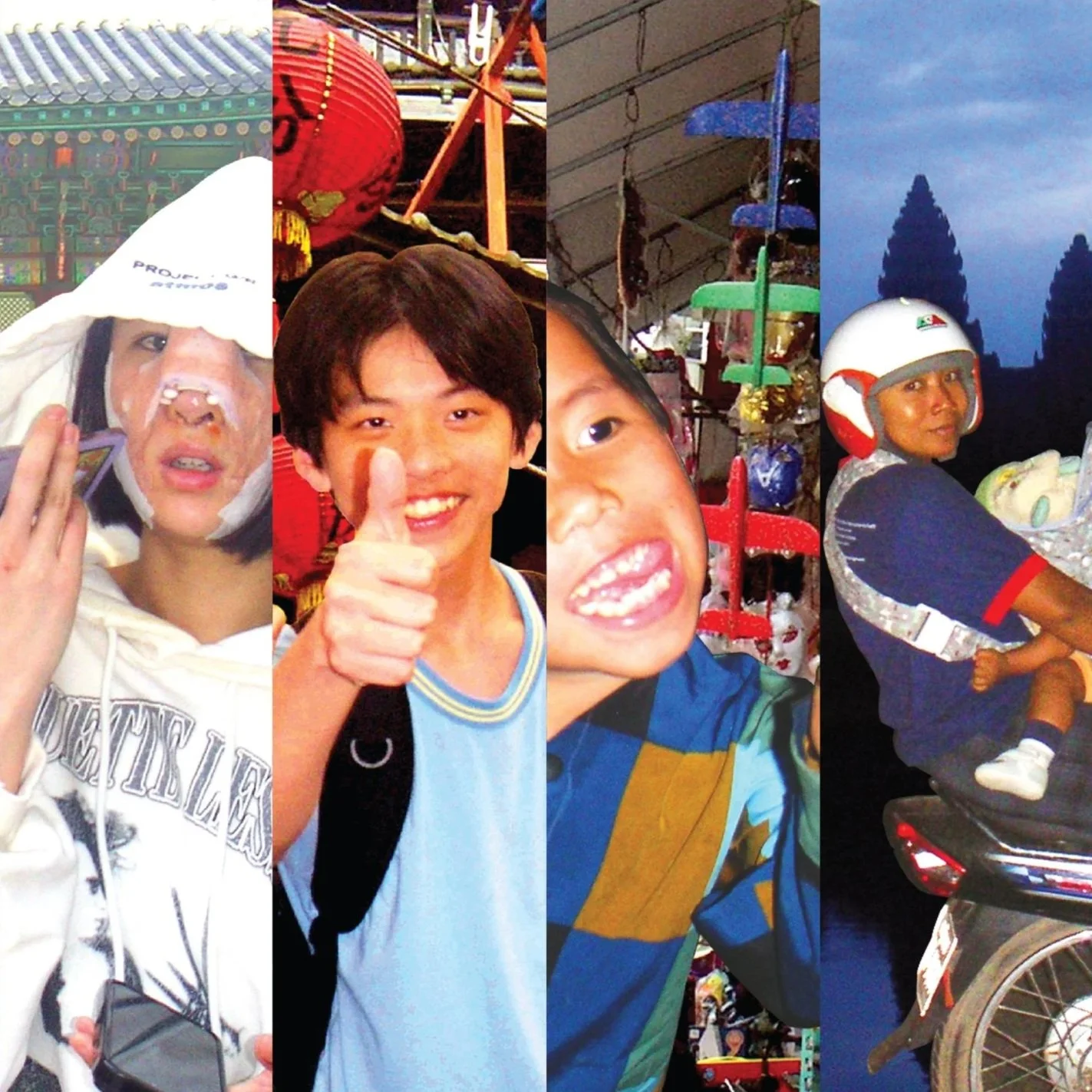 A collage of four photos showing different people at an amusement park or fair. The first person is a woman with a hood over her face with a bandaid on her nose. The second is a young boy smiling and giving a thumbs-up. The third is another young boy