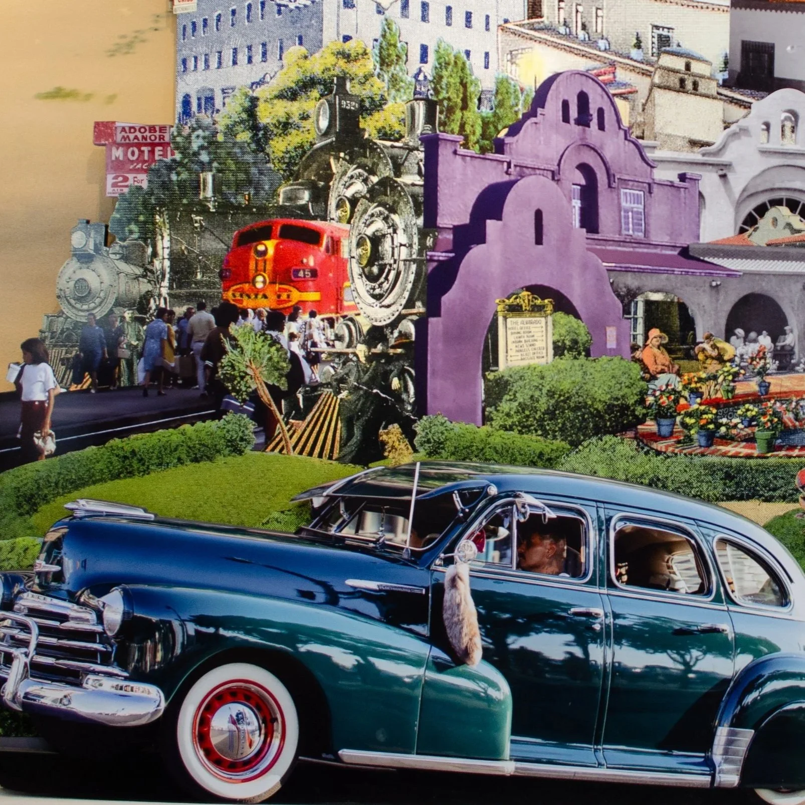 A vintage black car parked in a colorful scene with classic buildings, toy trains, people, and props, reminiscent of a nostalgic cityscape or display.