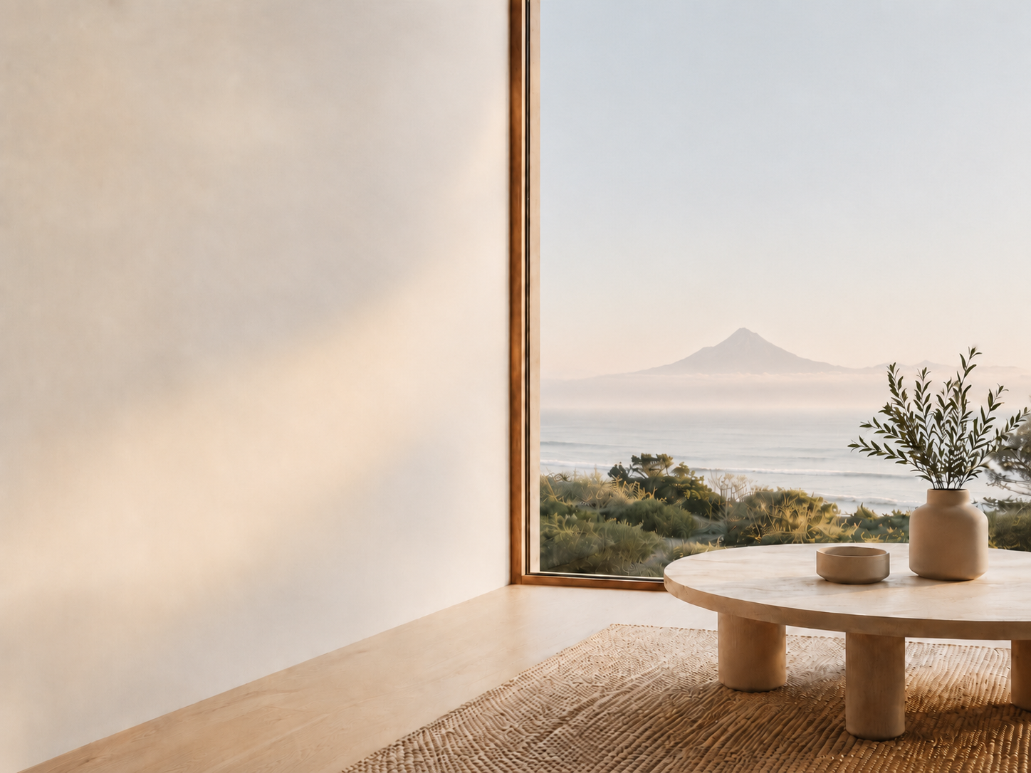 Minimalist interior with a round table, a vase with greenery, and a window overlooking a coastal landscape with a mountain in the distance.