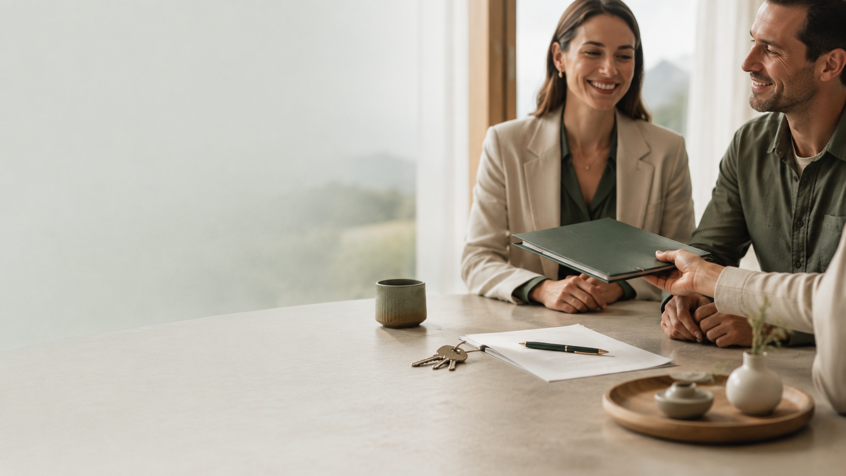 A woman and a man sitting at a table, exchanging documents in a professional setting with a coffee mug, keys, and papers on the table.