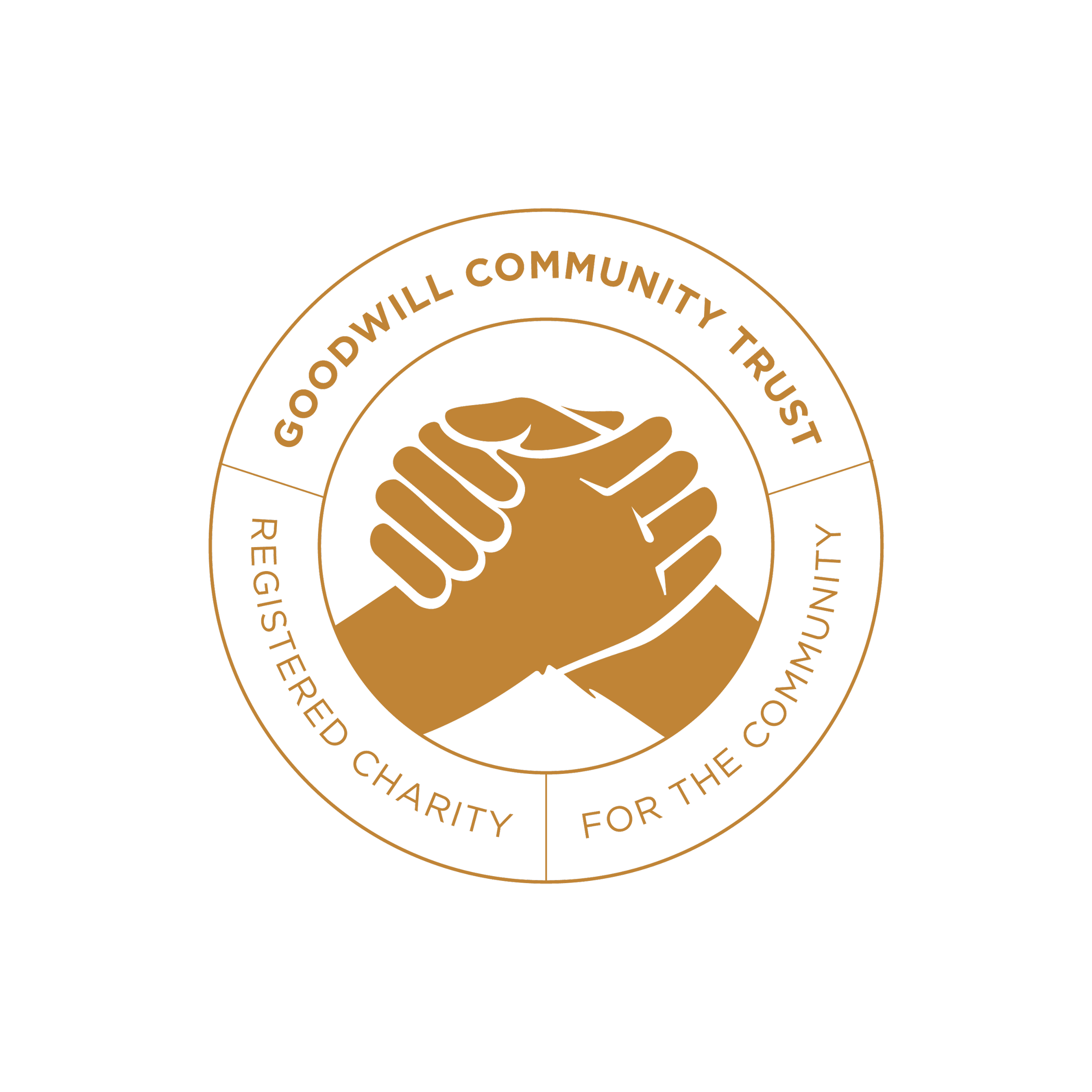 A circular emblem with a handshake graphic and the words "Goodwill Community Trust" and "Charity for the" in gold on a black background.