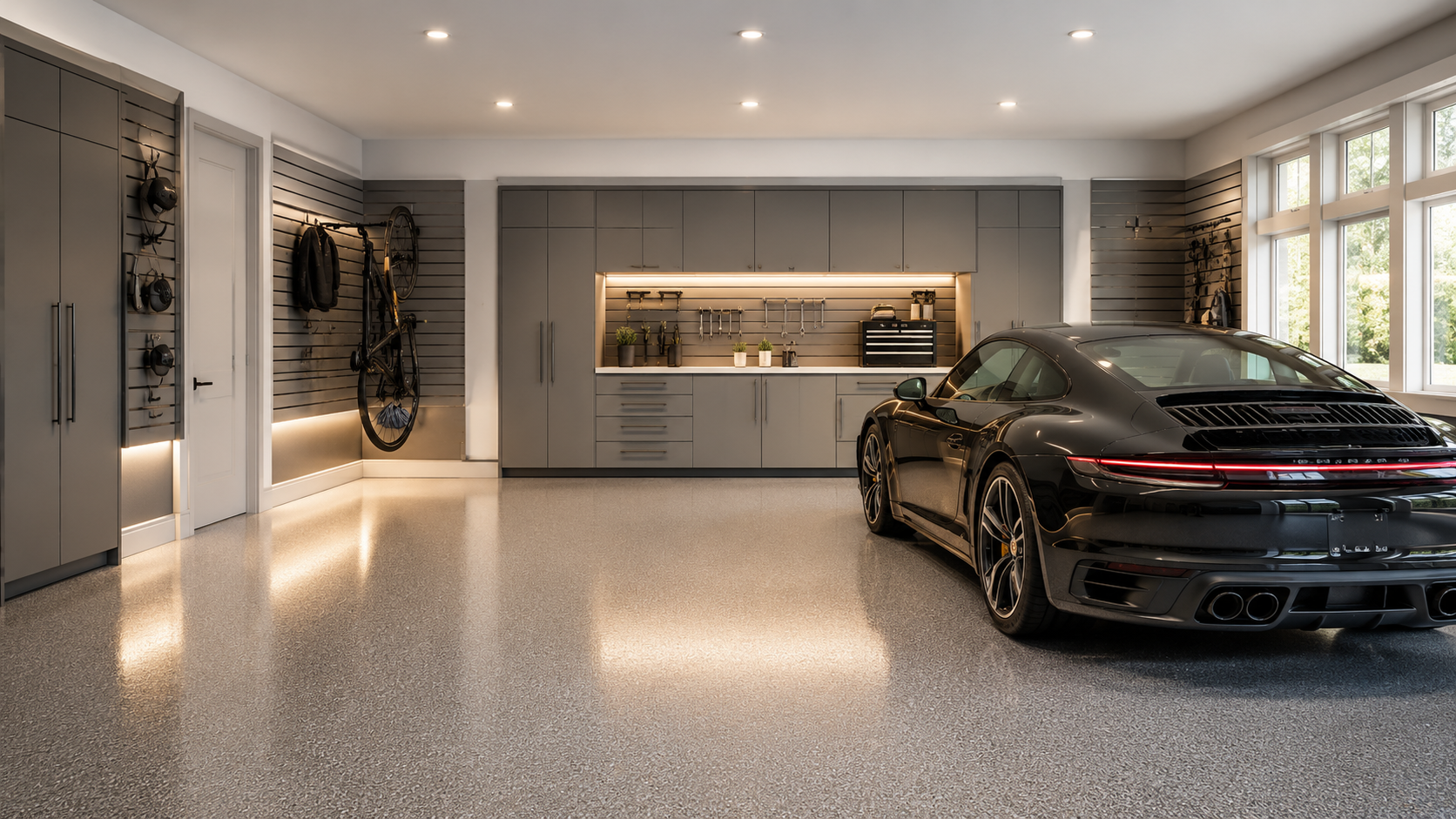 A sleek black sports car parked inside a modern, organized garage with gray cabinetry, wall-mounted tools, and large windows letting in natural light.