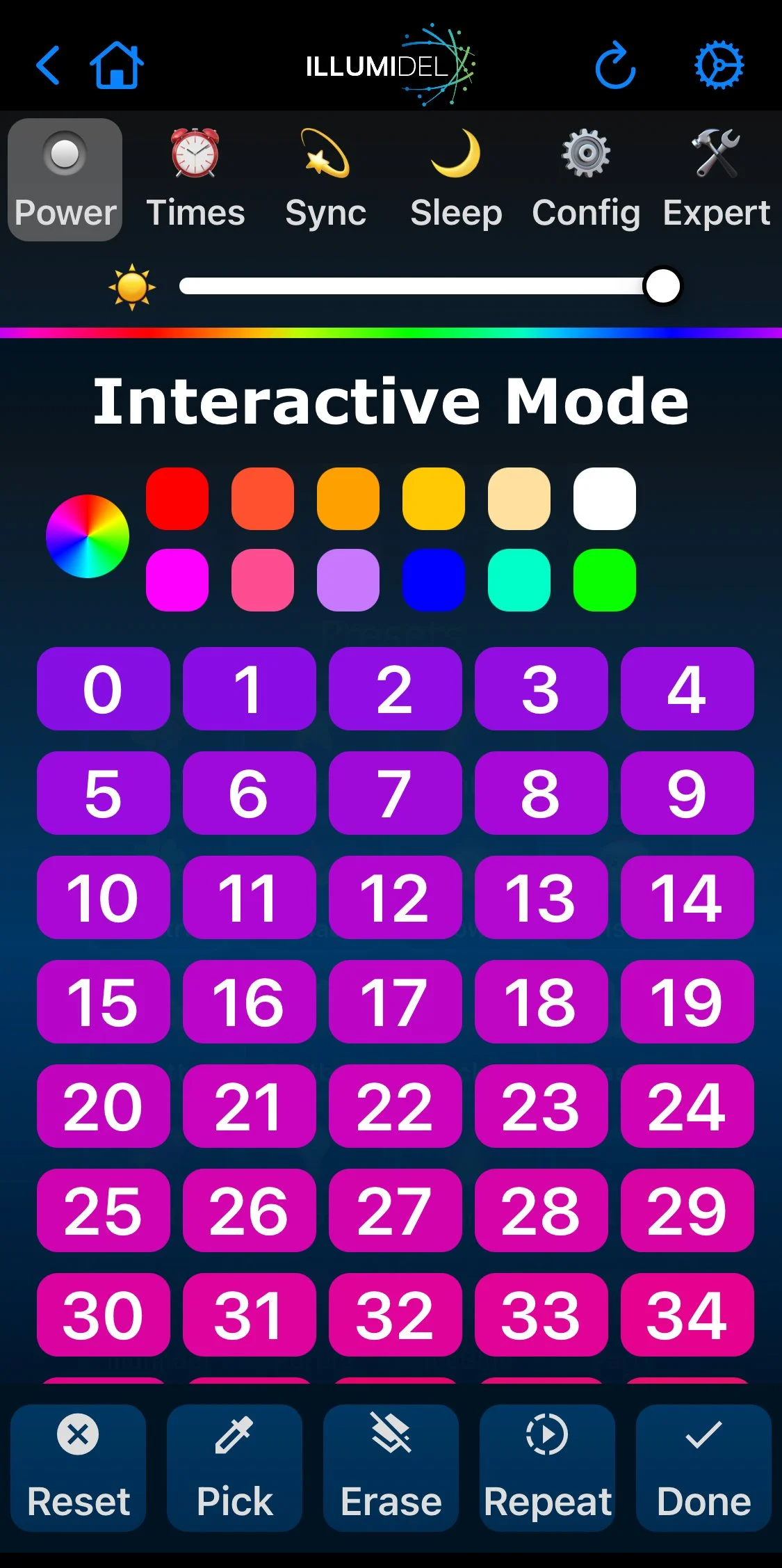 Screen displaying a color and number selection interface on a mobile app with options for customizing lighting effects and colors.