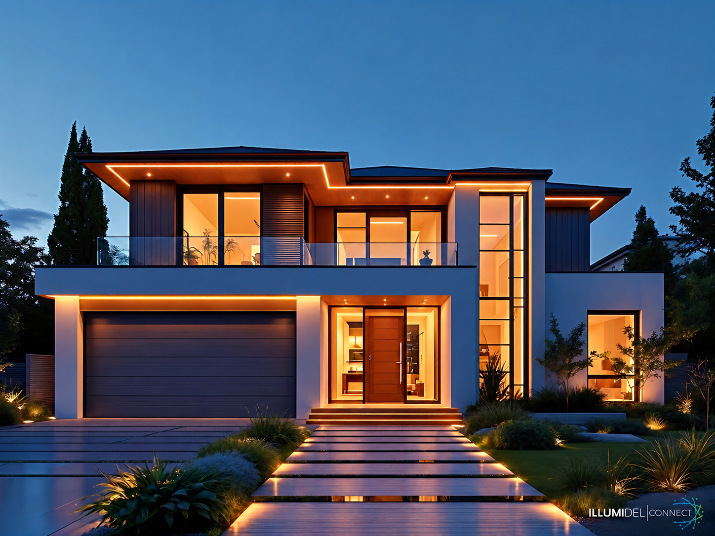 Modern two-story house at dusk with large windows, a closed garage, and accent lighting highlighting the exterior architecture. The house features a mix of wood and white paneling, with a landscaped walkway leading to the front door. Tall trees border the property.