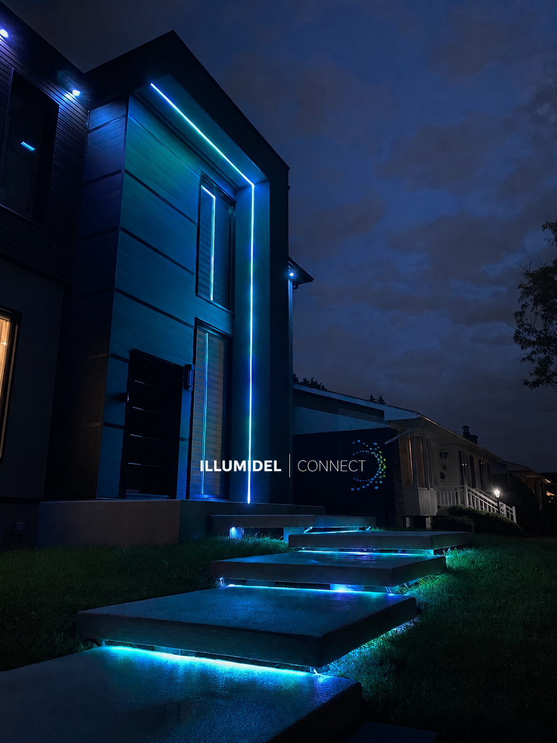 Night view of a modern house illuminated with blue LED lights along the entrance pathway and around the doorway, with a logo 'ILLUMIDEL CONNECT' visible.