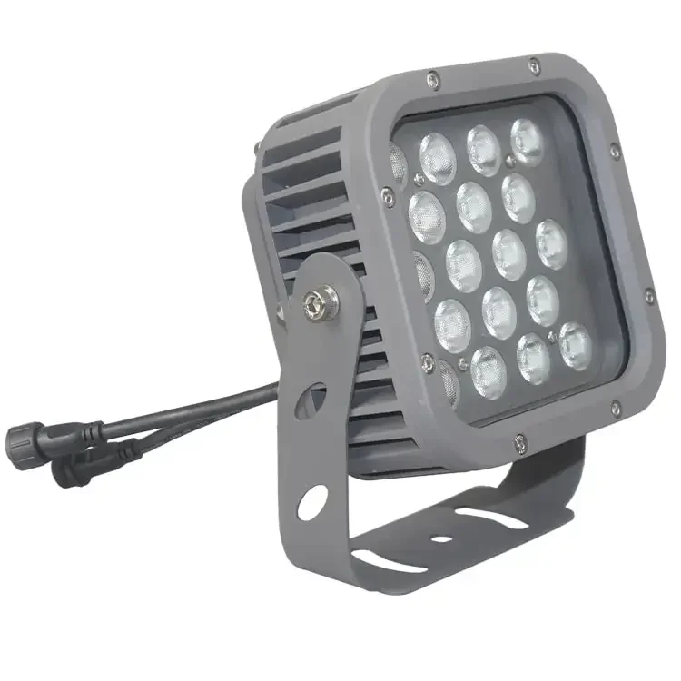 An LED floodlight with a gray metal body, multiple LED bulbs, and a black power cord.