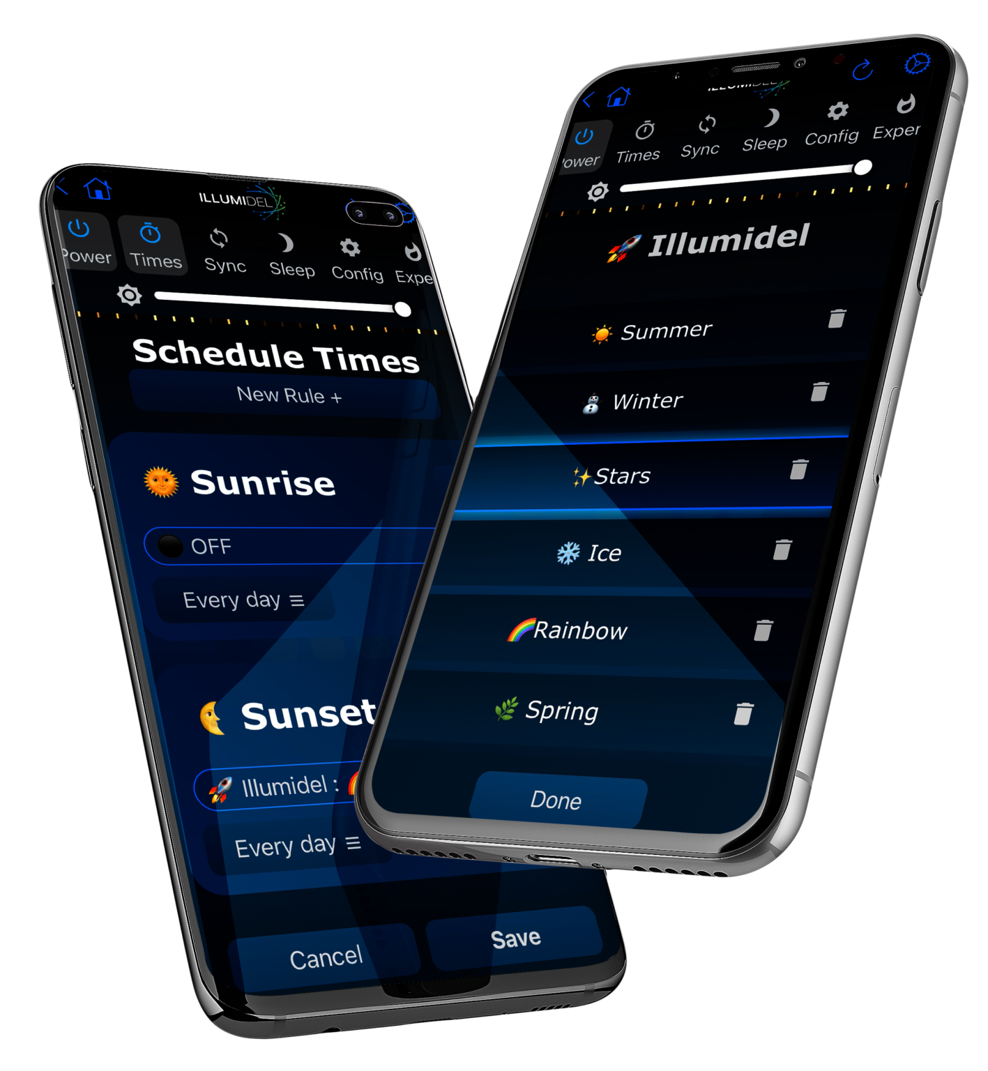 Close-up of two smartphones displaying home automation app settings, with options to schedule sunrise, sunset, and seasonal themes.