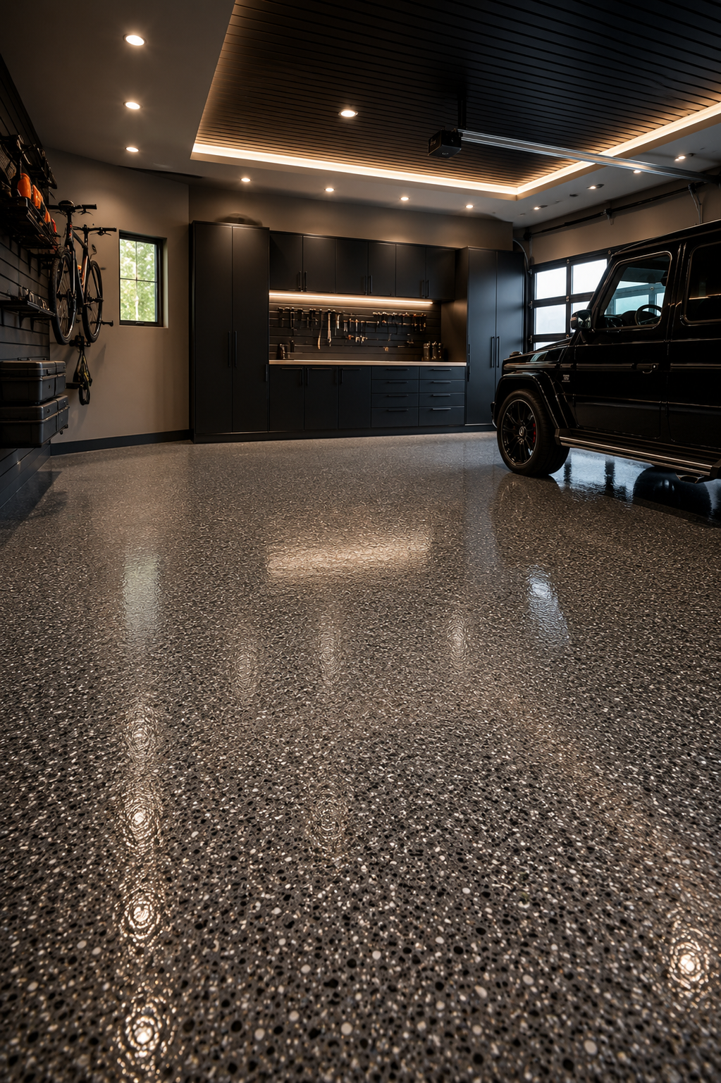 A modern garage with a black luxury vehicle parked on a polished epoxy floor, black cabinets, and a pegboard with tools. Bicycle are mounted on the wall, and the garage is well-lit with recessed lighting.