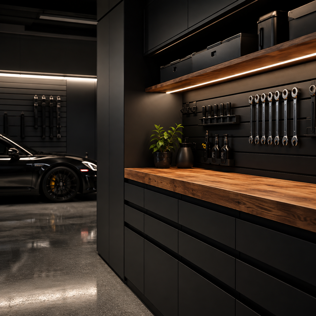 A modern garage with a black sports car, black cabinetry, wooden worktop, and a pegboard with tools; also features a potted plant and bottles on the worktop, with subtle LED lighting.