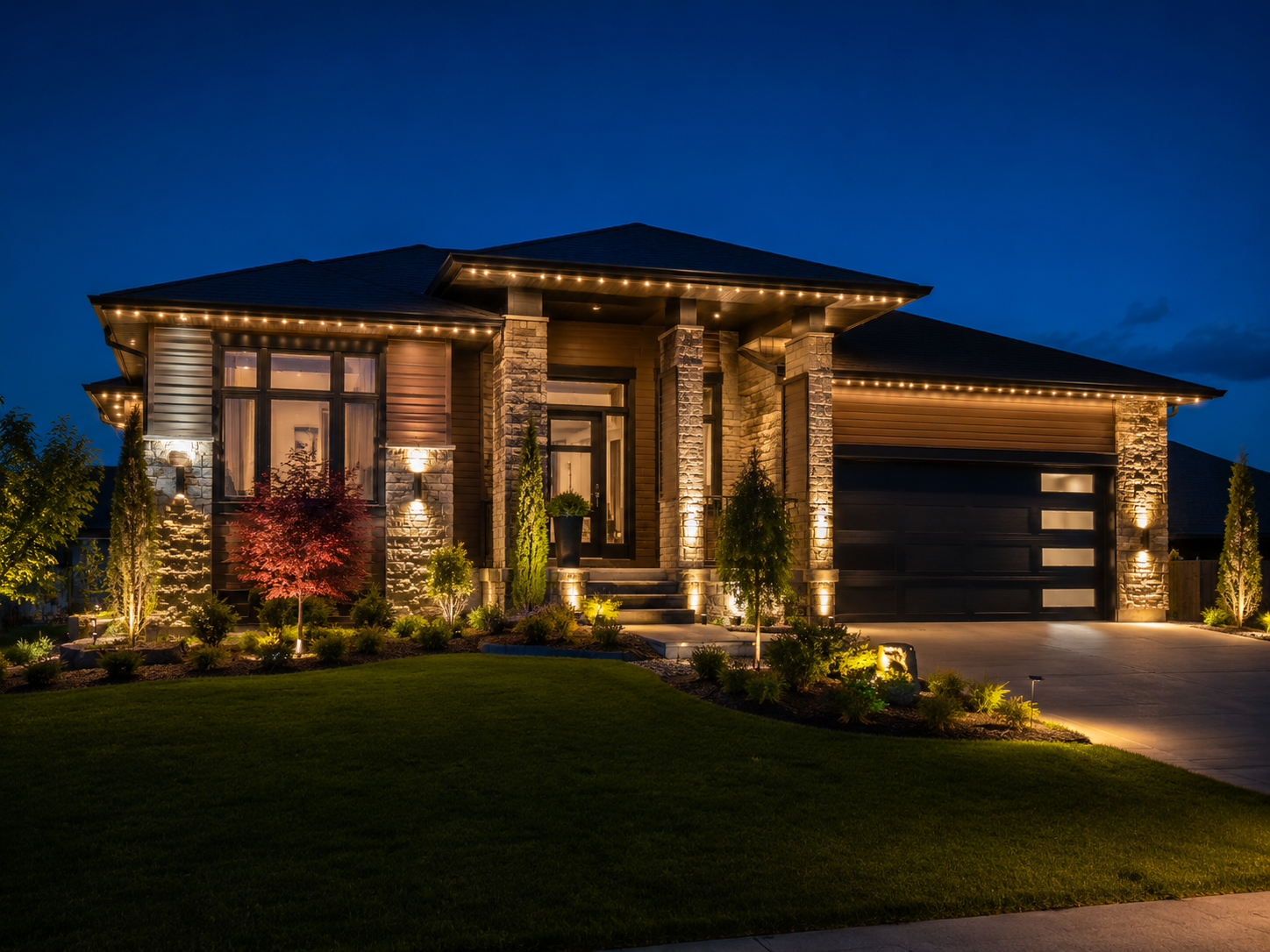 Night view of a modern house with stone and wood exterior, illuminated by exterior lights, including trees, shrubs, and a driveway.