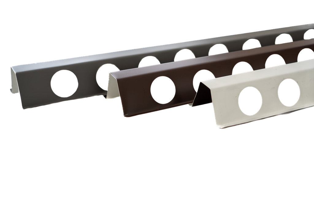 Three metallic conduit straps in black, gray, and white colors with circular holes for mounting.