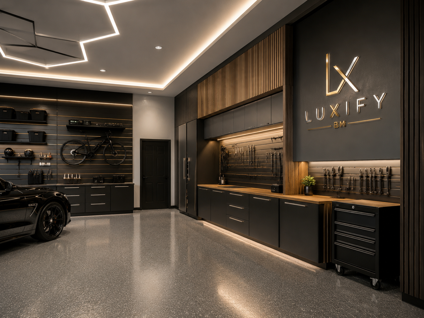 Modern garage with black cabinetry and wall shelving, a black bicycle mounted on the wall, a black sports car, and tools organized on pegboards. The wall features a sleek sign with the text 'LUXIFY BM'.